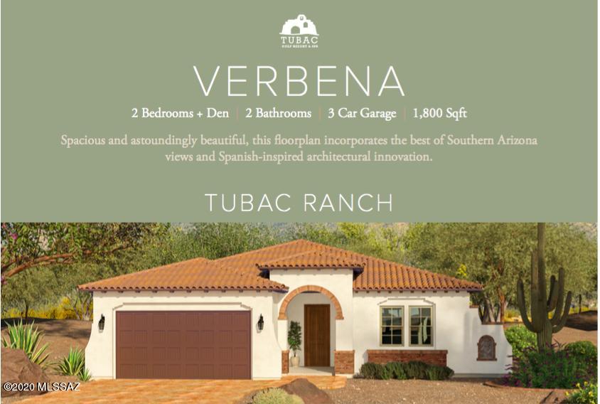 This beautiful new Home is built by Dorn Homes and is located on the renowned Tubac Golf Resort. Situated on approximately 1/2 acre so you have lots of room and privacy.   With 1800 square feet of living space and a three car garage with two bedrooms, 2 bathrooms and a den, this Verbena-Ranch floor plan has all you need to enjoy the Tubac Lifestyle. Enjoy the stunning views of the Santa Rita Mountain range.  Home is currently under construction.