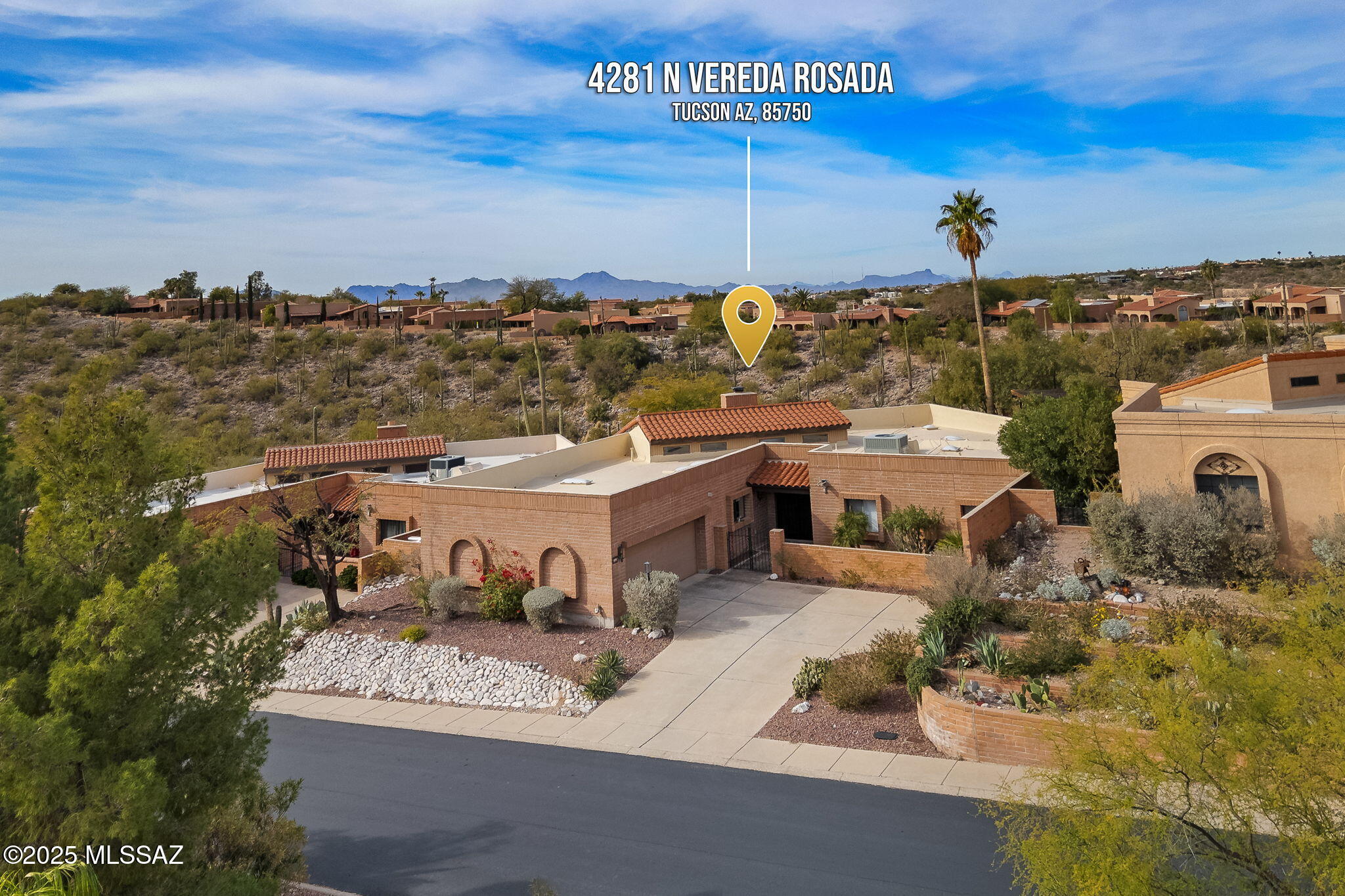 Beautifully remodeled stand alone 3BR/2BA home high on the ridge. Enjoy spectacular sunsets & mountain views from this lovely private backyard, perfect for entertaining. This wonderful home features high vaulted beamed ceiling in the living room with cozy fireplace and lots of abundant natural light. Open kitchen with granite counters, custom cabinets, SS appliances with both sit at counter and breakfast area. Wonderful cool neutral ceramic tile is featured throughout the living areas. Primary suite features a separate exercise area, large walk in closet and stunning remodeled bath with beautiful walk in shower. Guest bedrooms are both generous in size with plenty of closet space. This beautifully maintained home is located on a cul de sac, features community pool/spa, pickleball court