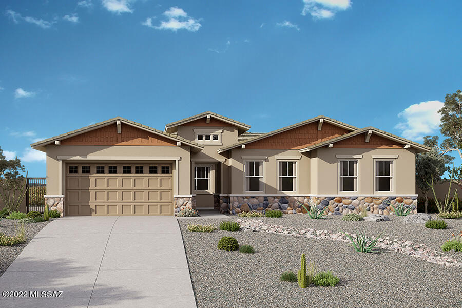 Craftsman Tortolita plan is an entertainer's dream! Enter through charming front portico/courtyard. Upgraded gourmet kitchen includes granite countertops, tiled backsplash, stainless steel appliances, vented hood & walk-in pantry. 20' glass slider at great room leads out to beautiful covered back patio with beautiful desert views.
Owner's suite is located in the back of the home with a large walk-in closet, walk-in shower with glass shelf niche. Optimal storage in this home with a 3-car tandem garage, multiple walk-in closets, walk-in pantry, mud room, laundry room and more. ESTIMATED COMPLETION August/Spt. Photos are of model home. See photos for design selection samples.