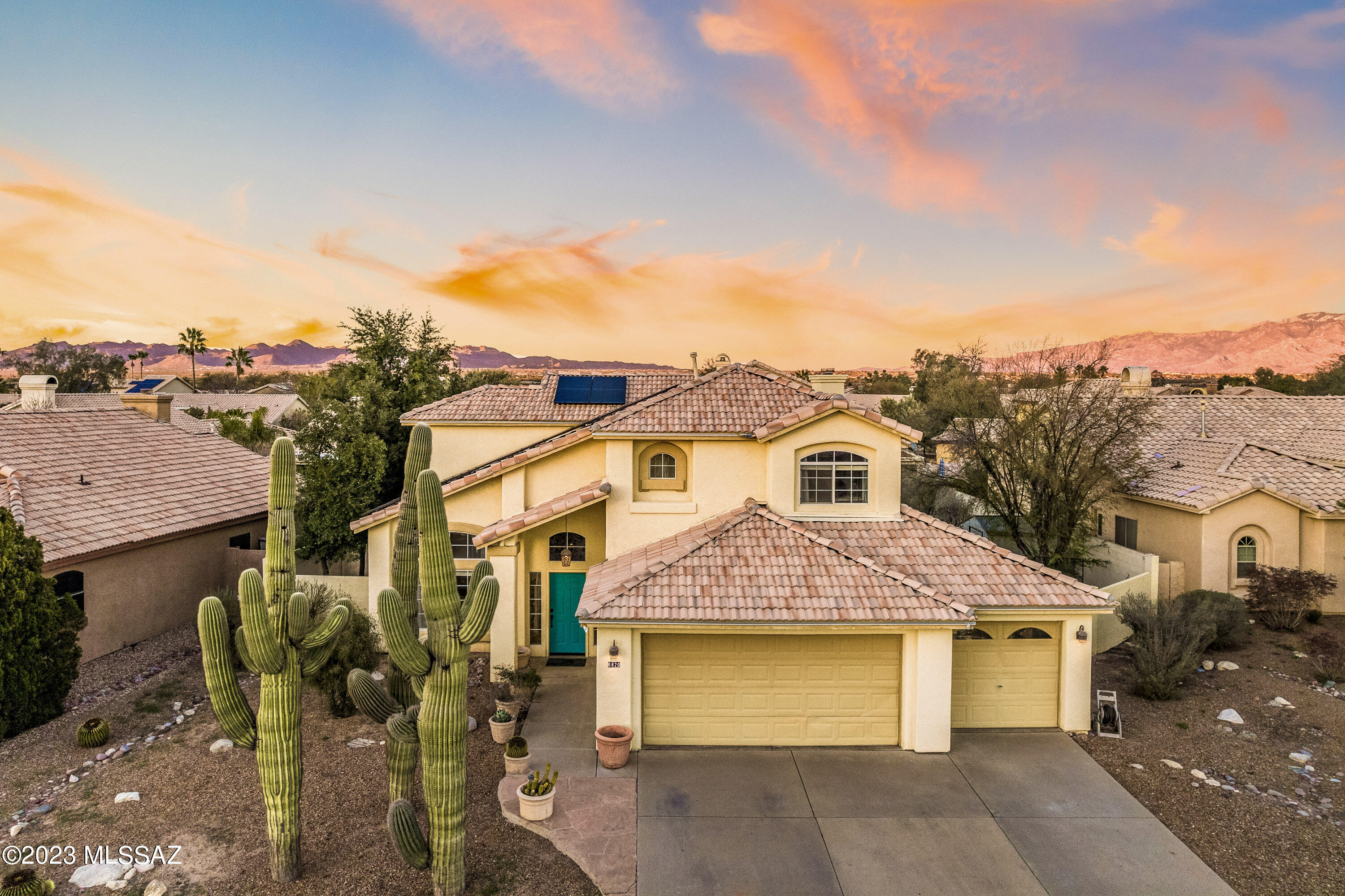 Back on market to NO fault of Seller or the beautiful property!! By Appt only* More than happy to answer any Q's you have.*

 3.00% assumable VA loan! 
Welcome to this stunning 4 bedroom, 3 bathroom former model home located on a spacious cul de sac lot in the desirable Continental Ranch Community Park. As you step inside, you will be greeted by the formal living and dining rooms with vaulted ceilings, providing an elegant ambiance. The family room, complete with a cozy fireplace and built-in cabinets/shelves, flows seamlessly into the kitchen with oak cabinets, roll-out shelves, a spacious pantry, recessed lighting, and two bay windows. On the main level, you will find a bedroom with a walk-in closet and a bathroom with a shower, perfect for guests or as an office. Upstairs, the large master suite features two closets, a master bath with a gard Additional features of this home include under stairs storage, arched doorways, ceiling fans, and mature landscaping.

Step outside to the extended covered patio, built-in BBQ, and double-wide gate, ideal for entertaining and enjoying the beautiful Arizona weather. The three-car garage provides ample space for parking and storage, and the added shed in the backyard offers even more storage options.

This home is conveniently located just minutes away from an elementary school, pools, shopping, and restaurants. The HOA offers a wide range of amenities, including two pools, a baseball and softball field with stadiums, a community skate park for beginner and intermediate skaters, tennis courts, gazebos and picnic tables, playground (intentionally shaded for the hot summer months) and more.

The sellers have also made some updates, including custom backsplash, solar panels, and a 50-gallon water heater. And don't worry about purchasing appliances - the washer and dryer are included!

Nearby Schools: Coyote Trail Elementary (2 mins away), Rattlesnake Ridge Elementary (4 mins), Twin Peaks K-8 (5 mins), Leman Academy of Excellence (3 mins), & Marana High School (12 mins)

Nearby Groceries: Safeway (4 mins), Walgreens (4 mins), 5 mins away from several restaurants, pubs, grills, pizza shops.

Buyers to verify all information. Don't miss the opportunity to make this amazing property your dream home!