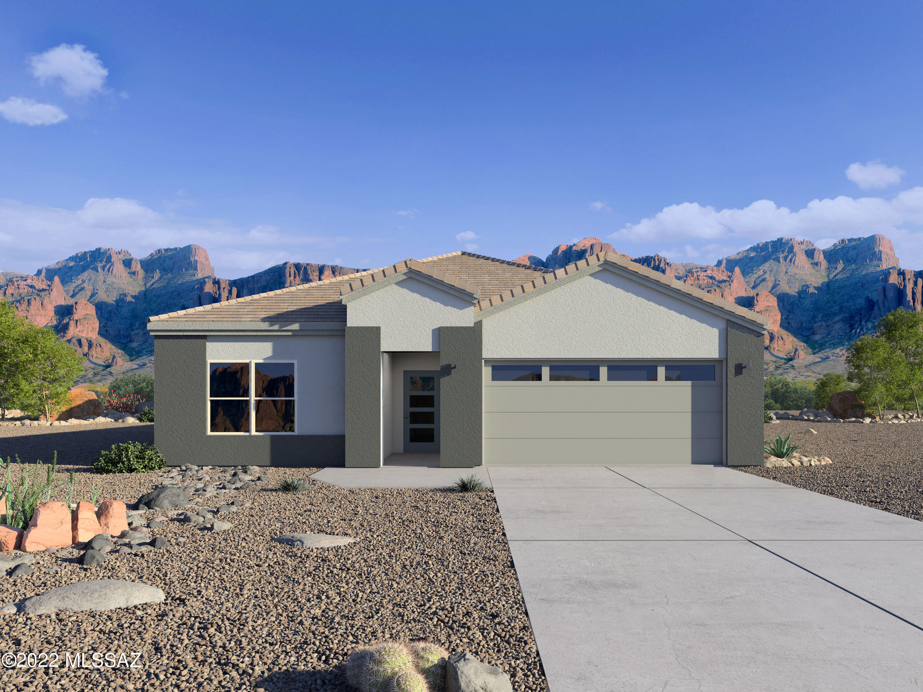 Former Model. Ready in August 2023 after sales office conversion.
This popular very open floorplan with plenty of space is appealing to everyone. The kitchen has an oversized island in  gray quartz with white cabinets, stainless appliances, plank tile everywhere but the bedrooms, backsplash in the kitchen, dual vanities in the primary bath, modern hardware and so much more. Decorator touches-accent walls and wallpaper. No one behind with mountain views. Come check it out.