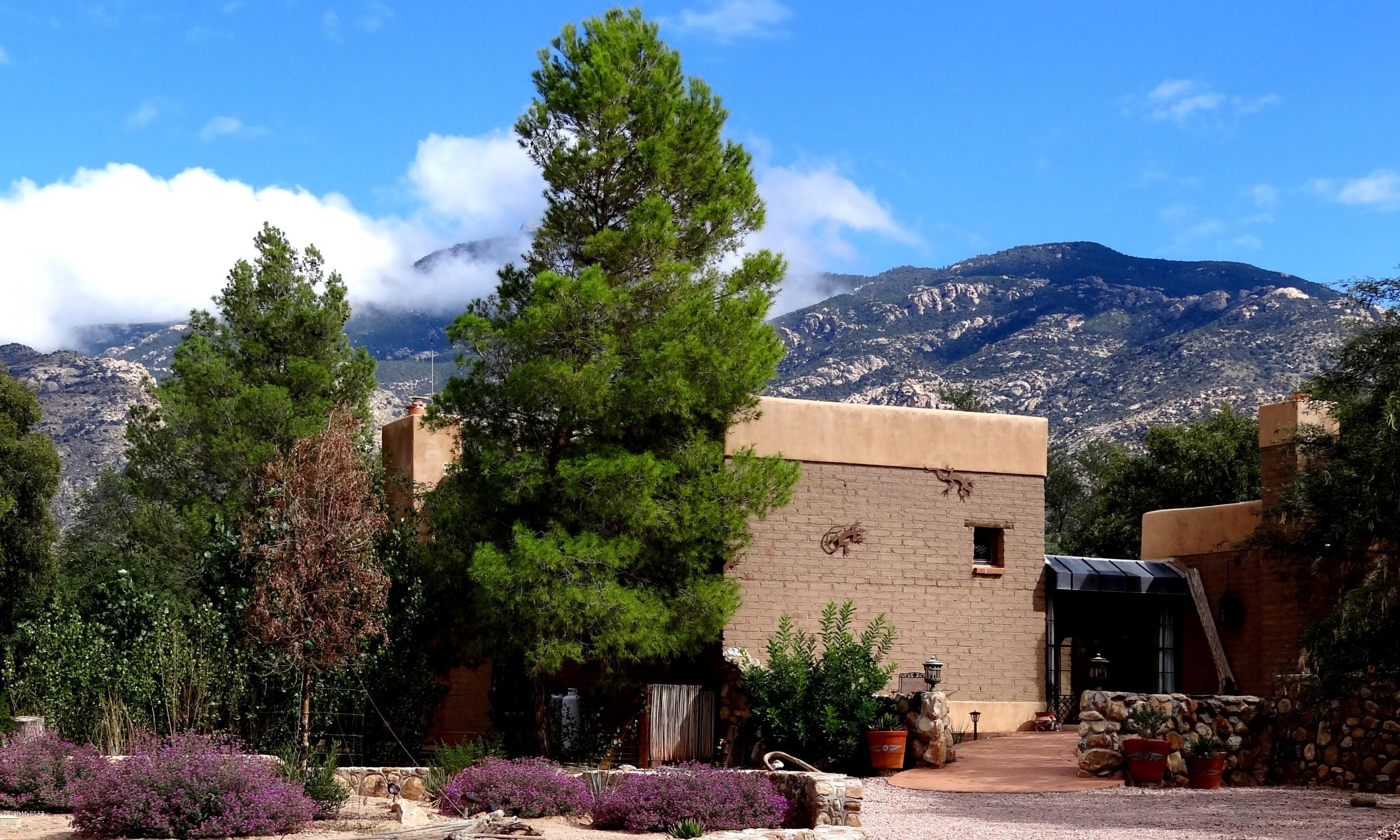 Nestled deep in the exclusive gated X9 Ranch Subdivision (each lot 36+ acres), is the fabulous Creek House. This spectacular luxury adobe home w/small detached guest house is set on 47.6 heavenly acres, adjacent to the Rincon Creek, in the Sonoran Hardwood Riparian Ecozone. 47+ acres of privacy, serenity, and stunning vistas of Rincon Peak & Mica Peak. The Creek House has patios on all sides, 14' saguaro rib ceilings, rose brick floors, and on the back patio a rock fireplace, a waterfall pool, and way down the driveway a large corral and 4 horse barn. Probably the best lot in the fabulous X9 Ranch. Once you come inside the manned gate you are truly in a different world of peace and quiet, with private roads, fabulous vistas, temps. 5-7 degrees cooler than Tucson, yet conveniently close.