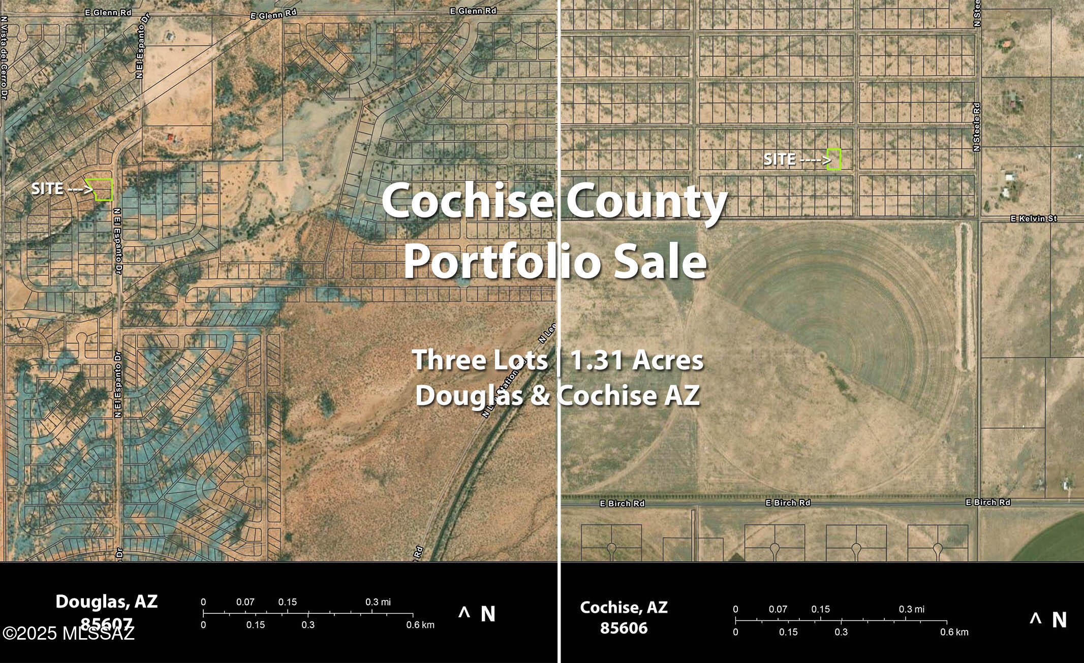 An affordable SE Arizona investment opportunity on three residential zoned lots located in Cochise County. Owner is selling together as a portfolio and will not separate due to selling costs. The Cochise lot is 0.51 ac. zoned SR-22 and is located off of Birch Rd. in Sunsites Unit 10; APN is 114-05-083. The Douglas area lots are contiguous, comprising 0.8 acres zoned SR-12, located in Cochise College Park #11. APNs are 406-13-099 & 406-13-100. Please see aerial photo maps for details. Lots are to be considered off-grid, quite a distance from utilities. Develop, resell or hold for the future; the choice is yours!