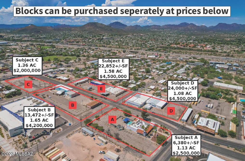 Rare opportunity to purchase 5 blocks with Main/Speedway Frontage with high traffic next to Pima Community College. Possible to build a 6 Story/75 Feet Apartment/Hotel/Commercial/Retail Development in an amazing location. Close to downtown, U of A, PCC, & I-10. A total of 6.74 Acres. Zoned C-3, See attached flyer for Zoning information and uses. 1.65 Acres 115-08-0330 (with 4 Buildings Total: 13,472 SF), 1.13 Acres 115-08-024C (with a 6,380 SF Building), 115-08-176A (0.31 AC), 115-08-175A (0.07 AC), 115-08-173C (0.27 AC), 115-08-166C (0.13 AC), 115-08-166E (0.06 AC), 115-08-166D (0.44 AC), 115-08-166B (0.08 AC).