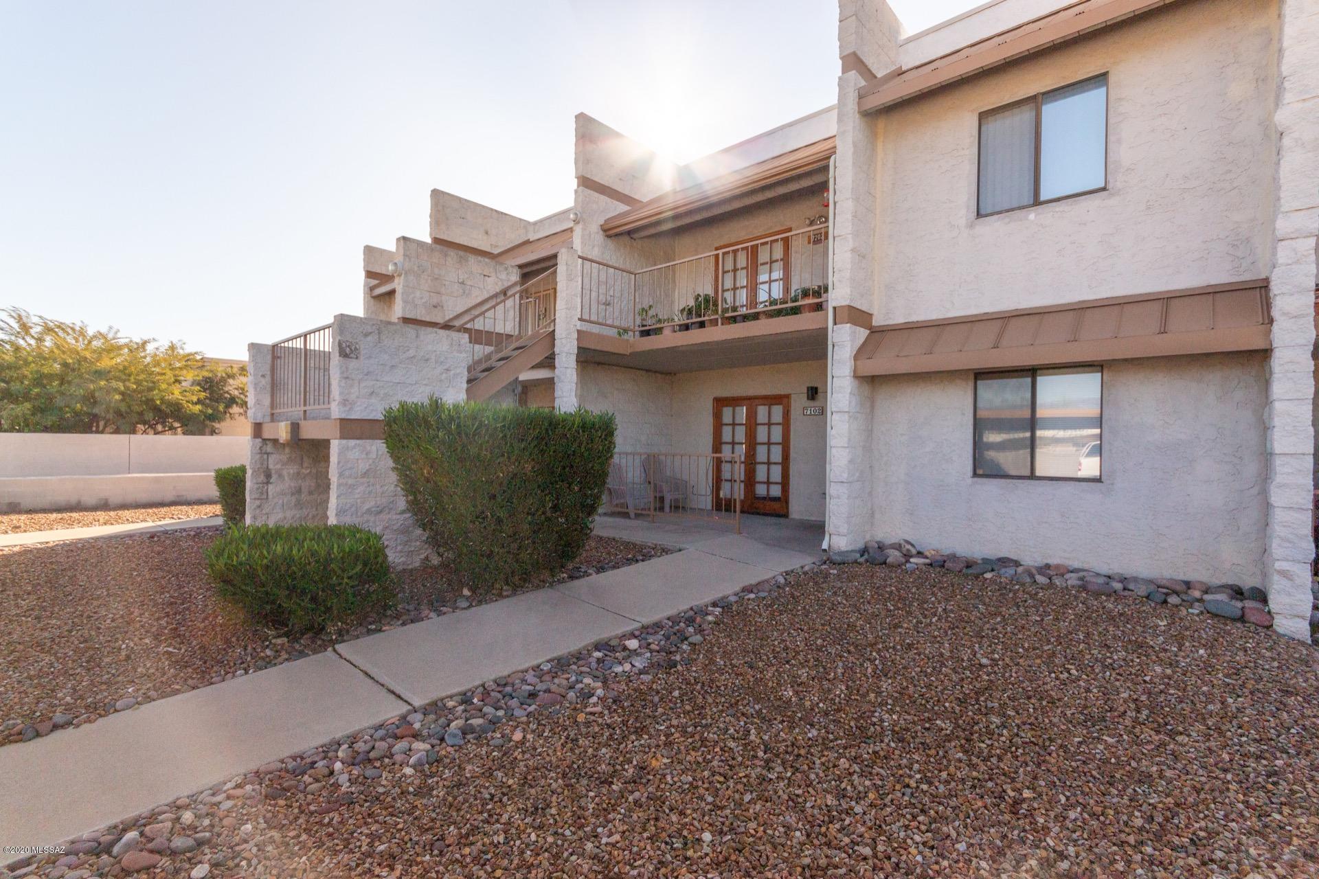 Nice 2 bedroom, 2 bathroom first floor condo available in desirable Le Mirador. Quiet east Tucson community, located near shopping, restaurants and within easy reach of downtown. Inviting interior features a spacious, open floorplan. Living area boasts charming french doors. Low maintenance tile in all common areas. Kitchen includes plenty of cabinet and counter space, a pantry and coordinating white appliances. Large master bedroom with his and hers closets, a full ensuite and a private sliding glass door entrance/exit. Front and rear patios. In addition the community offers a sparkling pool, perfect for socializing and cooling off on hot summer days. This gem is offered an an amazing value and will sell fast. See it and make it yours.