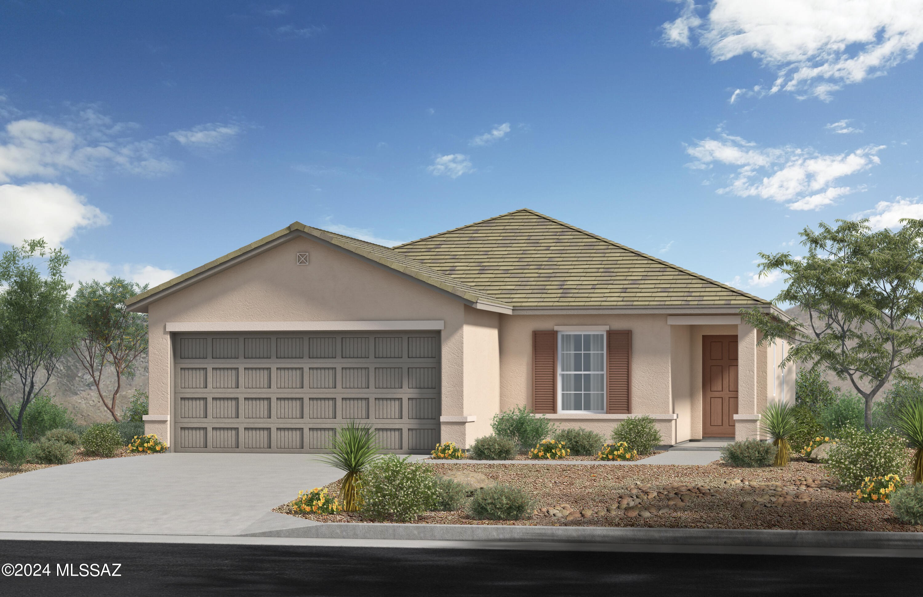 This single-story home features an open floor plan and upgraded gray ceramic tile flooring throughout. The spacious great room leads to a covered back patio. The modern kitchen showcases dark brown cabinets, an island, pantry, and Whirlpool® stainless steel appliances. The primary suite boasts a walk-in closet, shower, and dual-sink vanity. Price includes discount predicated on using seller's preferred lender KBHS. Eligible for up to 6% towards rate buy down or closing costs. Must use seller's preferred lender KBHS for financing. Projected closing month is June 2024.