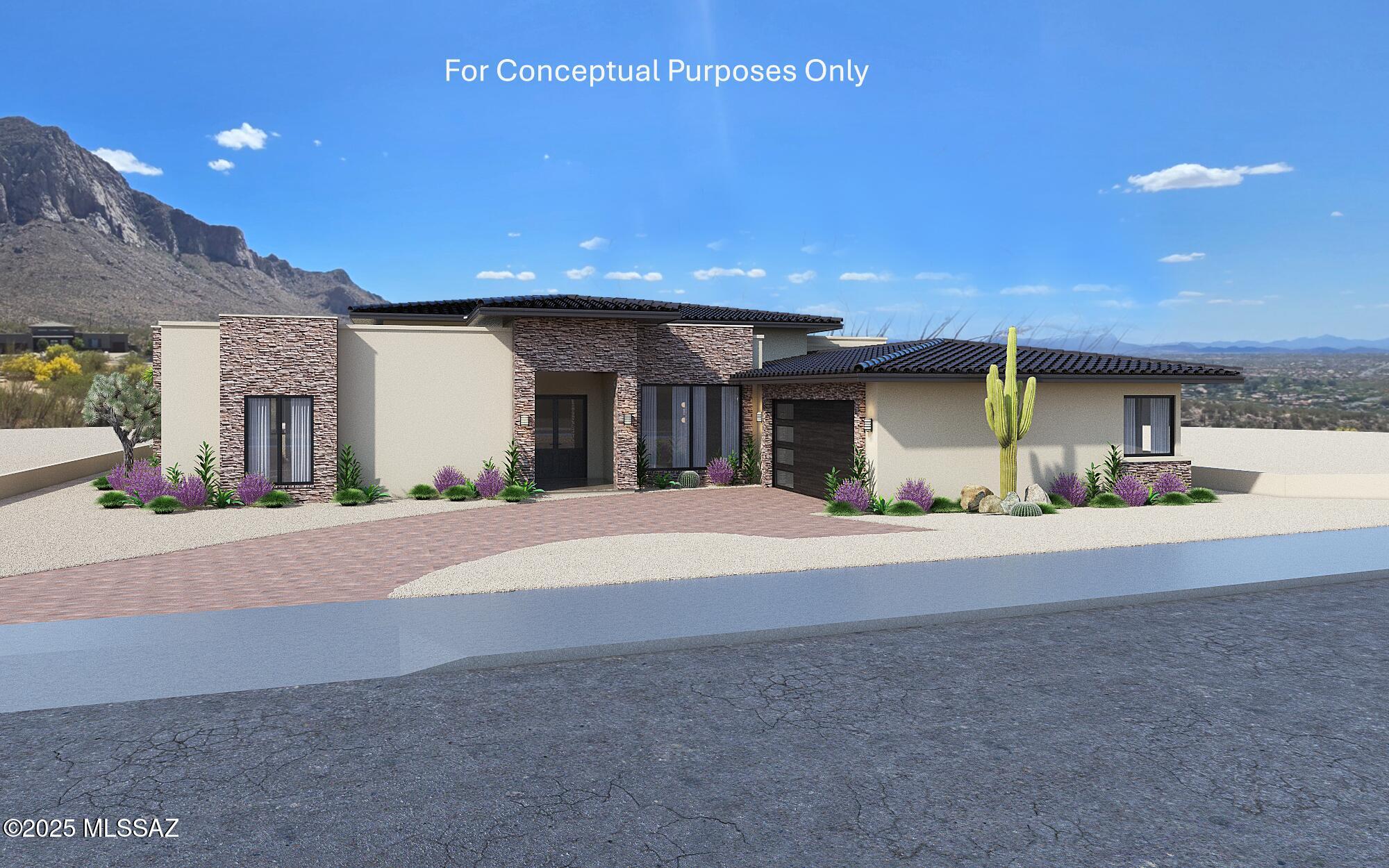 Under Construction | Modern Mediterranean Masterpiece with Unrivaled Views!! Perched high above the town in the exclusive gated enclave of Ponticello at La Reserve, this brand-new Modern Mediterranean residence offers a lifestyle few homes in Oro Valley can rival. Thoughtfully positioned on a premium 0.41-acre ridge-side homesite, the property captures sweeping, unobstructed panoramic views of Pusch Ridge and the Oro Valley cityscape—an extraordinary backdrop you'll experience from sunrise to city lights. Spanning 3,478 square feet, this thoughtfully designed home features 4 bedrooms, 3 bathrooms, a private office/den, a well-executed split-bedroom floorplan, and a 2.5-car garage offering exceptional flexibility—ideal for a golf cart, home gym, or additional storage. Soaring cathedral ceilings anchor the great room, creating a bright, expansive space ideal for both everyday living and entertaining.

The open-concept gourmet kitchen showcases a large statement island, custom cabinetry, premium appliances, and seamless flow into the living and dining areas. A butler's pantry, mudroom, and generous storage elevate both function and convenience.

Expansive glass doors from the great room and primary suite open to a wrap-around covered patio, where dramatic sunsets, mountain silhouettes, and sparkling city lights set the tone. The backyard is designed for effortless enjoyment with a private spa and low-maintenance turf, creating an inviting retreat for entertaining or quiet evenings under the stars.

Buyers still have the opportunity to personalize select interior finishes, allowing this home to reflect their individual style and vision.

Set within a private, gated community, this residence offers the rare combination of new construction, architectural elegance, and some of the most commanding views in all of Oro Valley. 

This is more than a home. It's a statement property in one of Oro Valley's most coveted gated communities.