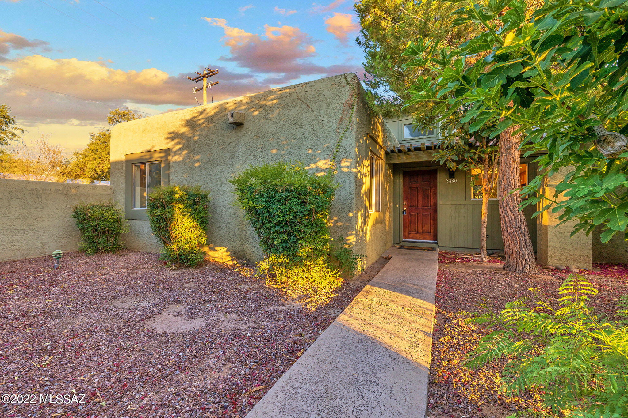 3 bedroom, 2 bath townhome.  Desirable private corner lot. Dramatic vaulted ceilings in great room with fireplace. Fresh paint throughout. Polished concrete floors. Stainless appliances. Eighteen-inch tile bathrooms. French doors in great room and master suite open to lush mature vegetation over the private brick patio. Fruit trees! Close to UofA, shopping, dining, everything. Pool access and covered parking. HOA pays water. Move in ready.