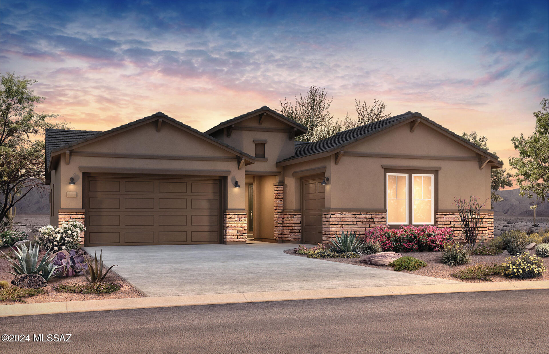 Available Winter 2024. This spacious 3,557 sq. ft. Patagonia home design features Elevation B with beautiful stone accents, a breezeway, and a generously sized front courtyard. The foyer opens to a den on the right and flows into a spacious 18' x 19' gathering room. The kitchen is perfect for cooking enthusiasts, with maple white cabinets, quartz countertops, and KitchenAid appliances. The home includes a versatile suite option and a guest suite with a living room to suit your lifestyle needs. Upgraded electrical features include surround sound wiring, pre-wiring for ceiling fans in three rooms, and pendant lighting. Additional highlights include a tankless water heater, laundry room sink pre-plumbing, and more.
