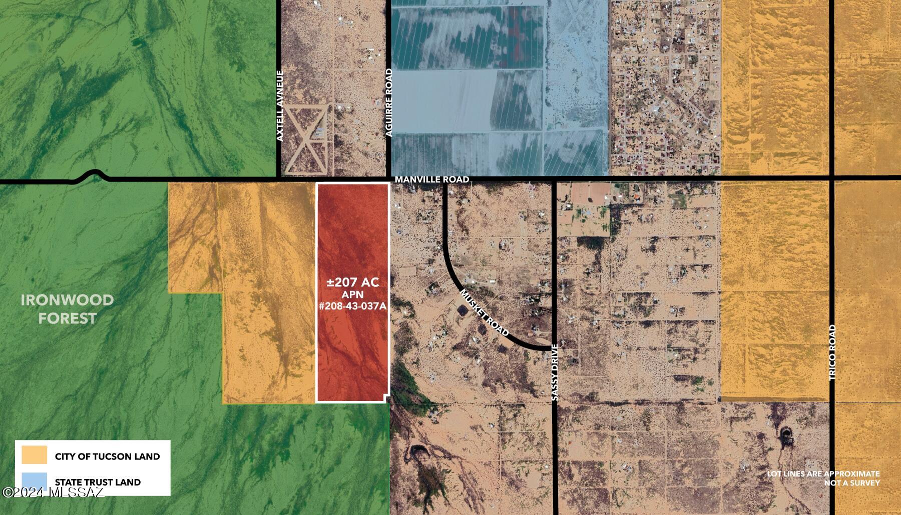 EXPANSIVE +/-207 AC ADJACENT TO IRONWOOD NATIONAL MONUMENT IN AVRA VALLEY-MARANA, AZ! Discover a unique and rare opportunity to own +/- 207 AC of lush, flat land in the rapidly growing Avra Valley/Marana area. Located on Manville Rd. and is zoned RH (Rural Homestead) in Pima County. Paved Road and electricity along its northern boundary, making development straightforward. Perfectly positioned for mitigation purposes, this land is adjacent to Ironwood National Monument, offering an ideal setting for development projects requiring environmental mitigation. This expansive parcel is perfect for various uses: Private Estate: Create a serene private estate surrounded by the natural beauty of the desert landscape. Equestrian Haven: Ideal for a horse ranch, combining proximity to town with the tranquility of rural living. 
Recreational Development: Develop a unique recreational haven or a sustainable farm tailored to your vision. 
 Spacious Acreage: With 207 acres at your disposal, the possibilities are endless.
 Blank Canvas: The land has no existing structures, providing a blank canvas for your development dreams.
 Natural Beauty: Enjoy the serenity of rural living, with stunning sunsets and star-filled skies.
CONVENIENCE AND SECLUSION
Nestled in the picturesque desert landscape, this property offers a perfect blend of seclusion and convenience.
You'll have easy access to urban amenities while enjoying the peace and privacy of rural life.
ADJACENT TO PROTECTED LANDS:
With the Ironwood National Monument next door and surrounded by city and state-owned lands, this parcel is
ideal for conservation or as mitigation land to balance development impacts elsewhere.