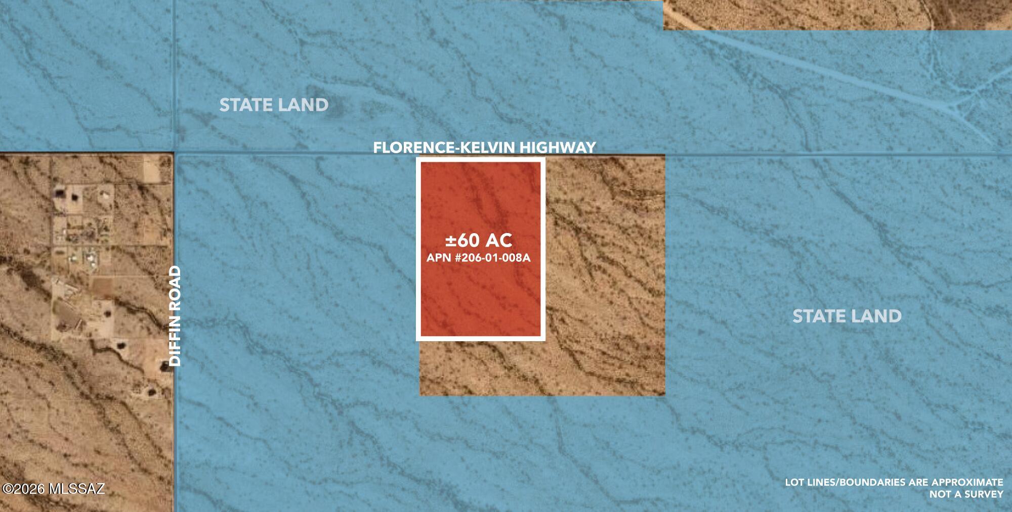Rare opportunity to own ±60 acres of scenic Arizona desert with frontage on Kelvin Florence Highway in the rapidly growing Florence area. Surrounded by State Land on the north and west, this private parcel offers exceptional views of the Mineral Mountains, Newman Peak, and the Superstition Mountains. Zoned GR (General Rural) in Pinal County, the property allows a variety of uses including residential, agricultural, equestrian, and recreational opportunities. The level to gently rolling terrain is dotted with native saguaro cacti, creating the classic Sonoran Desert landscape buyers seek. Ideal for a custom ranch, rodeo arena, equestrian retreat, residential development, or long-term investment. The property has potential for future parcel splits and lies in the path of growth. Power is located approximately ½ mile west on Diffin Road, with nearby well activity supporting future development. Enjoy peaceful desert living with paved highway access, abundant outdoor recreation, and endless possibilities on this unique Arizona land holding.
