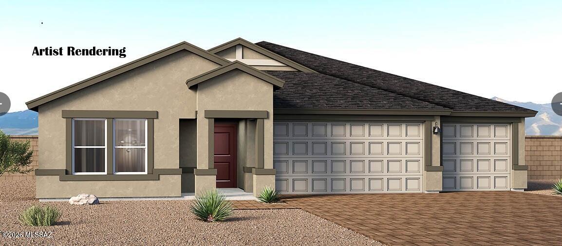 **THIS HOME IS TO BE BUILT, and has not started construction.**

Introducing The Garland, a brand-new thoughtfully crafted single-story home nestled within the Traditions at Sycamore Vista in Vail, Arizona. Offering 2,404 square feet of generous living space, The Garland is designed for households seeking room to grow, flexible living options, and refined modern comfort. This exceptional floor plan features four bedrooms, three full bathrooms, a spacious kitchen, and a three-car garage providing the perfect balance of style and functionality for today's lifestyles.
A welcoming entryway opens into a bright, open-concept design where the great room, dining area, and kitchen flow seamlessly together, creating an ideal setting for both everyday living and entertaining. The kitchen truly anchors the home, showcasing quartz countertops, Shaker-style cabinetry, a large center island ideal for casual dining and meal prep, and an ample amount of storage. Thoughtfully designed with privacy in mind, The Garland offers a desirable split-bedroom layout. Three secondary bedrooms are positioned near the front of the home, including one with its own private en-suite bathroom, perfect for guests, extended family, or multigenerational living.
Tucked away at the rear of the home, the expansive primary suite serves as a tranquil retreat, featuring two generous walk-in closets and a well-appointed en-suite bathroom.
Homes at Sycamore Vista are designed for both style and future-forward living, with exterior features including a Monterey textured stucco finish, professionally landscaped front yards with automatic drip irrigation, and large, fully fenced backyards ready for your personal touch.
Inside, the Home Is Connected® Smart Home package enhances everyday convenience with a smart thermostat, video doorbell, and keyless entry.
With its spacious footprint, thoughtful layout, and modern design elements, The Garland delivers the perfect blend of comfort, functionality, and flexibility for today's lifestyle.
Located in the desirable Sycamore Vista community, residents enjoy the beauty of Southern Arizona while remaining conveniently close to top-rated Vail schools, shopping, dining, parks, and outdoor recreation.