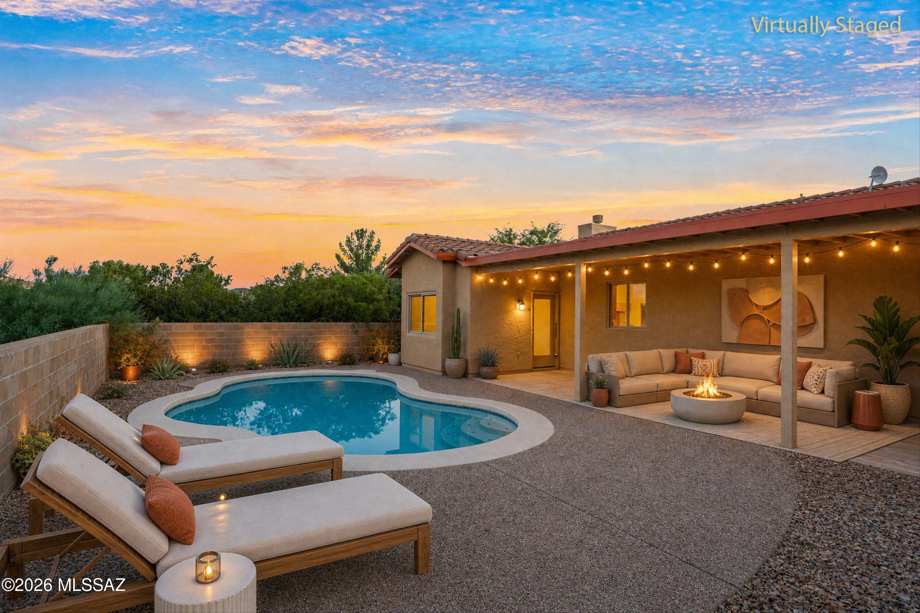 NO HOA * SPARKLING POOL * 1.23 ACRES * SINGLE STORY * VAIL SCHOOLS. Meticulously maintained & gently lived in, this 3-bedroom + office/den, 2.5-bathroom 2,322 sq ft home offers a peaceful, quiet life. Enjoy unobstructed mountain views w/ stunning sunrises & serene sunsets in your fully enclosed East facing backyard. Entertain comfortably in the spacious greatroom w/ fireplace, formal dining area & cozy breakfast nook. The well-appointed kitchen features large island, abundant cabinetry & walk-in pantry. New HVAC (2025), electric water heater (2025), Anderson windows, dedicated laundry room, plus fresh paint inside & out provide peace of mind & easy living. Just 5 minutes from I-10 w/ easy access to schools, shopping, restaurants & scenic drives to Sonoita, Elgin & Willcox wine country.