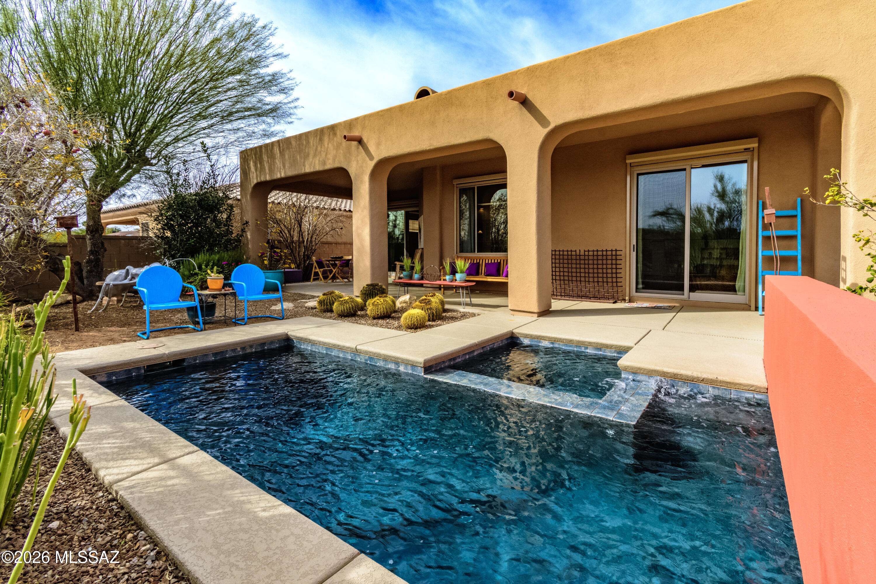 Discover this modern, Scandinavian retreat...a FURNISHED, single-level home, w/i the exclusive, manned-gated Villages of La Paloma Country Club. This 2,022 sq ft home features 4 bedrooms, 2 bath, a split floorplan with no steps & it is the perfect ''Lock & Leave''. Resort living - private refreshing pool/spa. Updated kitchen/breakfast bar opened to the great-room/fireplace. Spacious primary suite with a large walk-in closet & patio access. New concrete bedroom floors, security rolling shutters & tankless water heater/recirc pump. Lmtd warranties in place for a complete reroof in '21 & new HVAC system in '22. This La Paloma Country Club home is elevated over a natural area with mountain views & is near upscale La Encantada shops, restaurants, hiking & cycling. Original owner & a rare find!