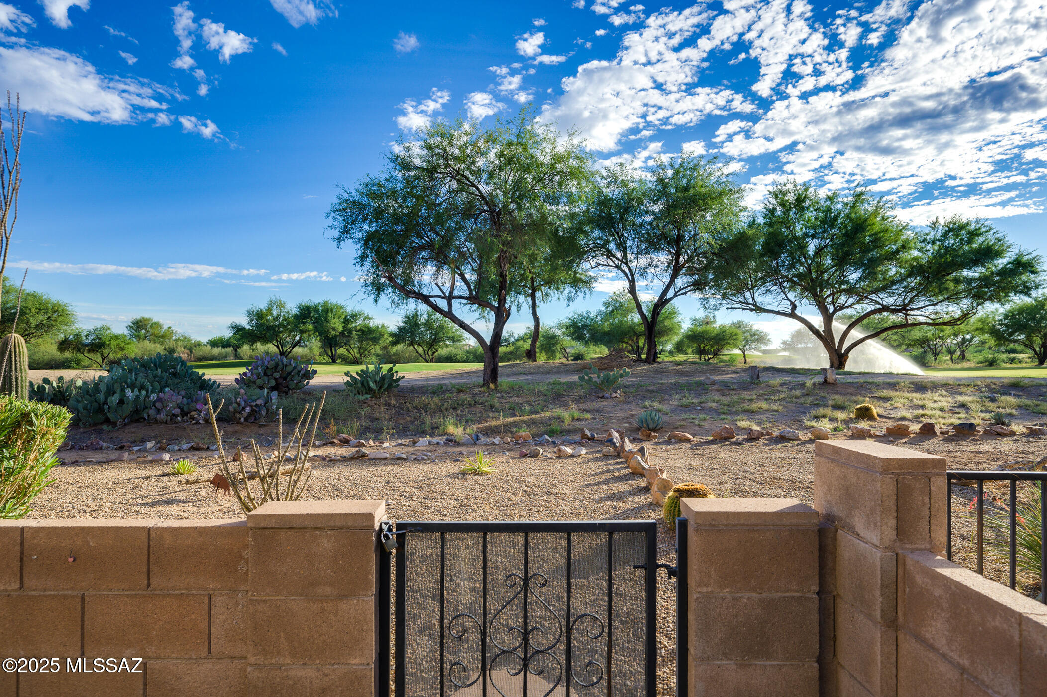 As you arrive you will notice the unique silhouette of twin saguaro cacti.  This lovely home is nestled in a tranquil golf course setting - the epitome of retirement luxury.  Imagine waking up each morning to the serene views of Torres Blancas Golf Course, framed by mature trees and natural desert. The heart of the home is the spacious, open great room, bathed in natural light from large windows, boasting 10-foot ceilings and stylish tile flooring. This area seamlessly blends living, dining, and entertainment, exuding an inviting atmosphere for both relaxing and hosting. The adjoining kitchen, features attractive granite countertops, plentiful oak cabinetry, large double door pantry, and a grand serving island that provides the perfect spot for guests to gather around.  Adjacent to the