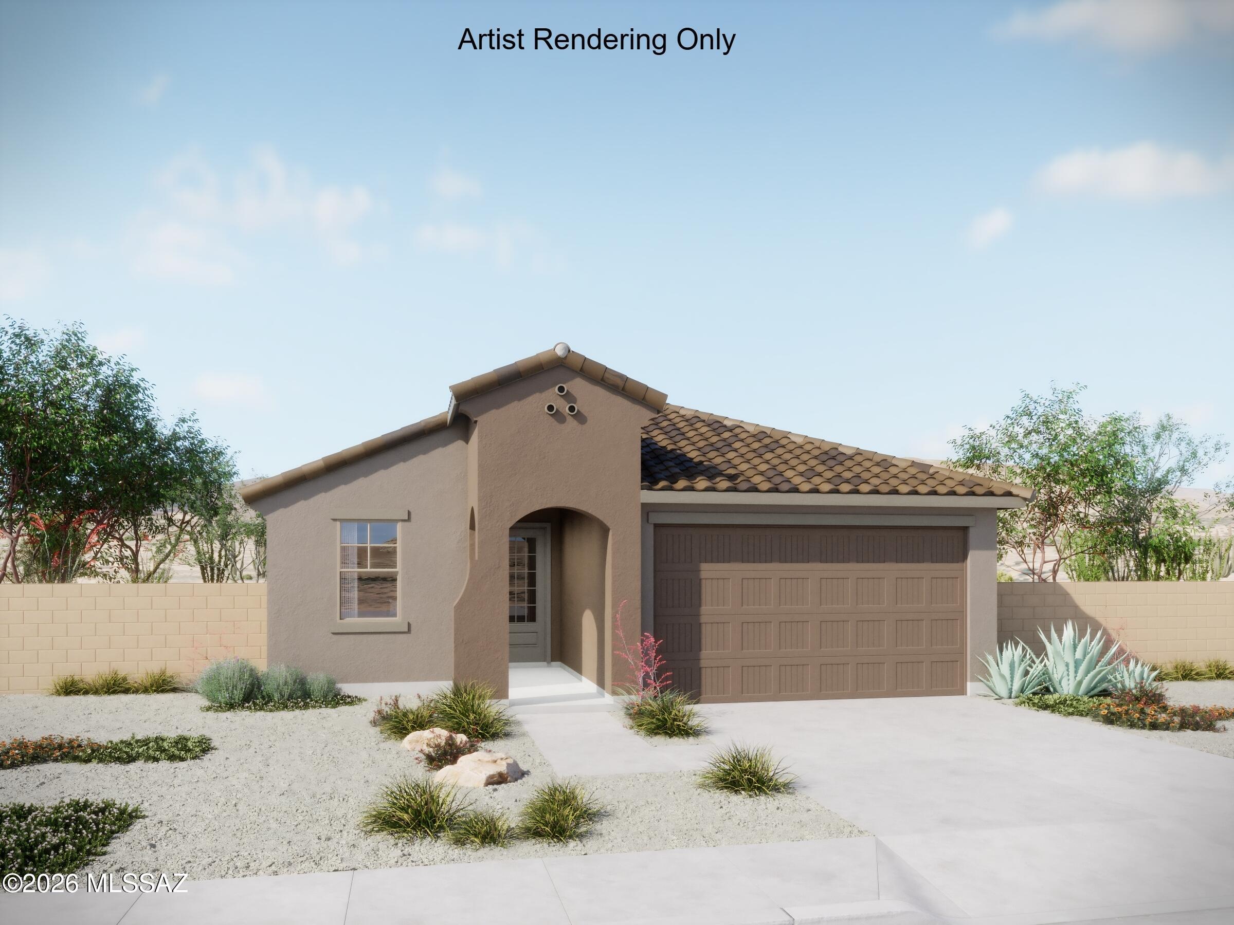 Charming Brandy floorplan with Spanish elevation offers 3 bedrooms, 2 full baths in an open Great room concept. Kitchen features center island, granite counters & generous walk-in pantry, refrigerator, microwave & gas range. Owner's suite features huge walk-in closet, dual sinks, linen closet, walk-in shower and a view to the backyard. Includes 8' interior doors, LED disk lights, Washer/Dryer & window blinds, tankless water heater & gas BBQ stub-out.