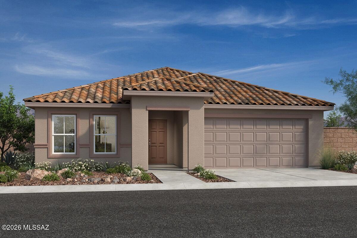 This single-story home features 9-ft. ceilings, a soft water loop, and porcelain tile flooring throughout. The kitchen showcases Silestone® quartz countertops, 42'' slate gray maple upper cabinets, an island, pantry, and Whirlpool® stainless steel appliances, including a gas range, dishwasher, and refrigerator. The den creates space for a home office. The primary suite boasts an adjoining bath with walk-in closet, dual-sink vanity, and walk-in shower. The laundry room is equipped with a Whirlpool® washer and electric dryer. The covered patio provides outdoor shade. Property taxes are not available to date.