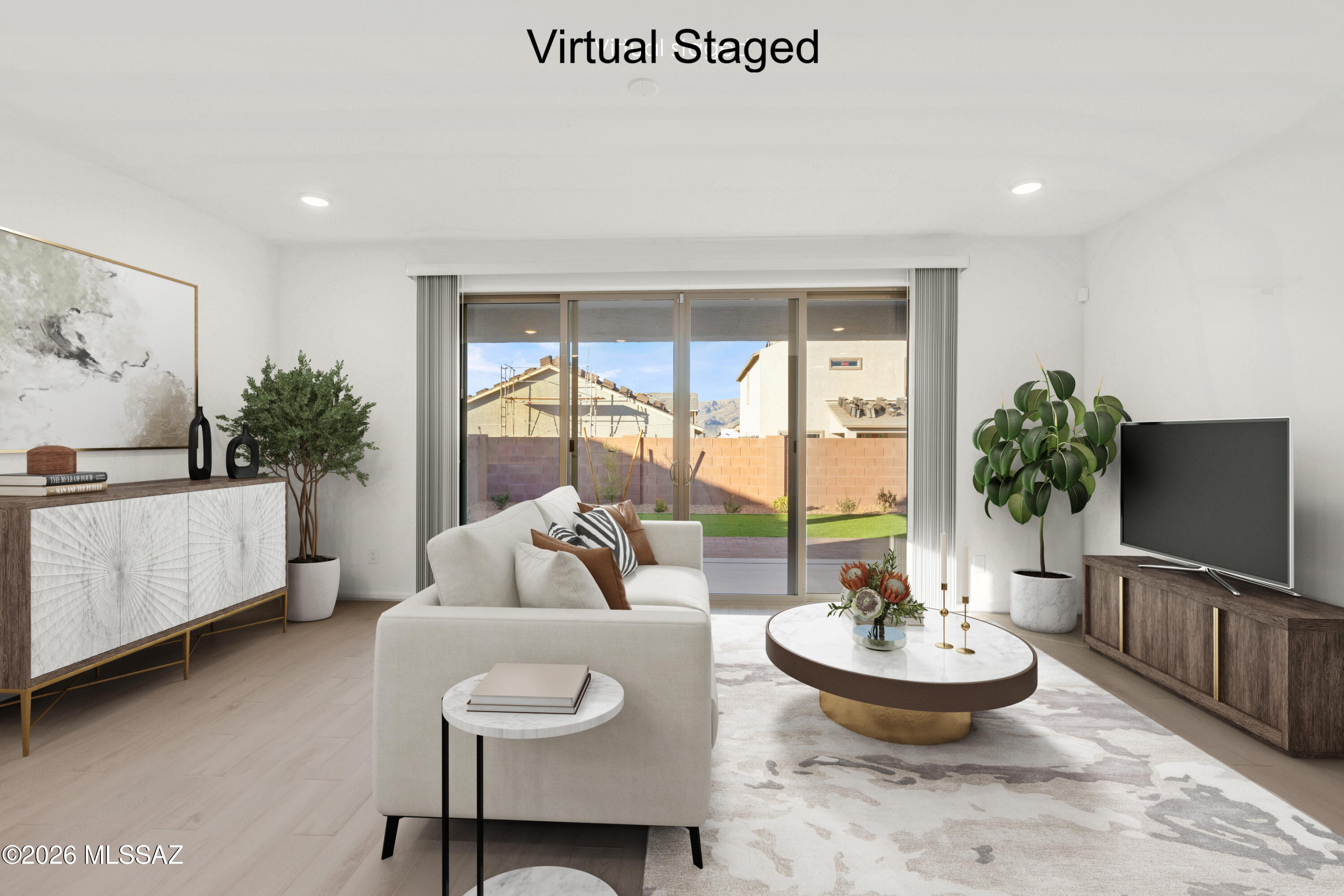 Charming Copper plan with Desert Modern elevation. This thoughtfully designed layout includes open Greatroom with spacious dining area & kitchen. The Owner's suite is a true retreat with a generously sized walk-in closet, a beautiful walk-in shower, vanity with twin sinks and view to the backyard. The modern kitchen is equipped with a gas range, Whirlpool refrigerator, center island and a walk-in pantry for all your culinary needs. Laundry room is complete with Washer/Dryer. Includes Backyard Landscaping.
