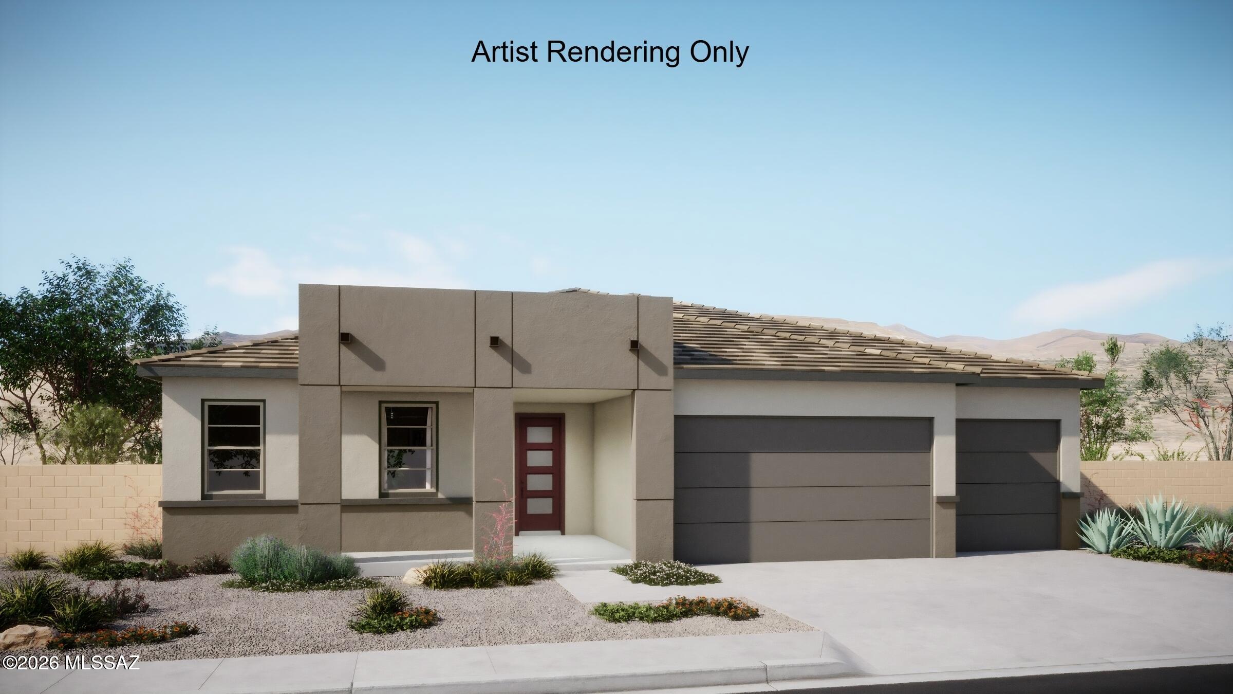 Charming Hunter plan with Desert Modern elevation features open Greatroom layout with great room, dining area & kitchen. Also includes extended covered back patio with 16' centered sliding glass door to bring plenty of natural light. Gourmet kitchen boasts gas cooktop, tons of counter space, cushion-close drawers, roomy walk-in pantry. Owner's suite is a retreat with a generously sized walk-in closet, a beautifully tiled walk-in shower with spa niche, vanity with twin sinks and linen closet. Convenient Stop-n-Drop area add organization & a place to charge your devices. Includes: Refrigerator, Washer/Dryer, tankless water heater, gas BBQ stub-out, LED disk lights, granite counters thru out & faux wood blinds.