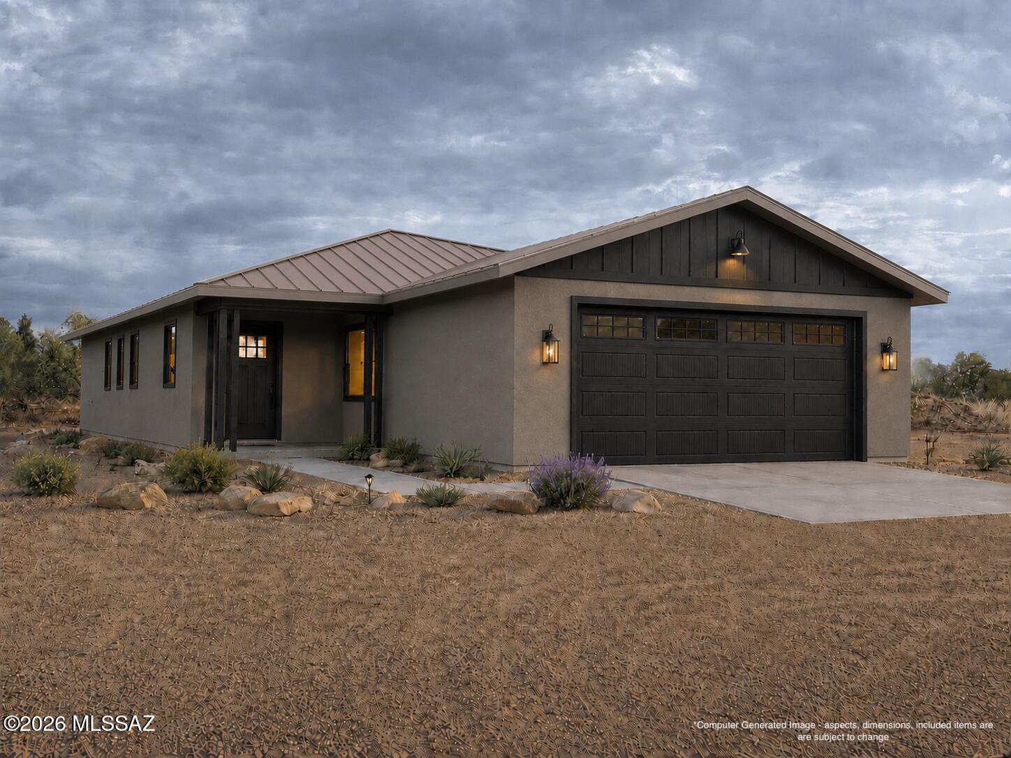 This newly constructed home on a corner lot in Mescal Lakes III just outside of city limits offers a quick commute to both Tucson and Sierra Vista. Enjoy the peacefulness that is small country living. This split bedroom floor plan design seamlessly connects the kitchen, dining, and living areas making it great for entertaining. Home offers Low E insulated dual pane windows, spray foam insulation, recessed lighting, soft-close shaker painted cabinets throughout, Granite Countertops throughout, stainless steel appliances, dual vanity sink in master, and a covered patio.
Home is in final stages of construction- No changes will be allowed. Owner Agent