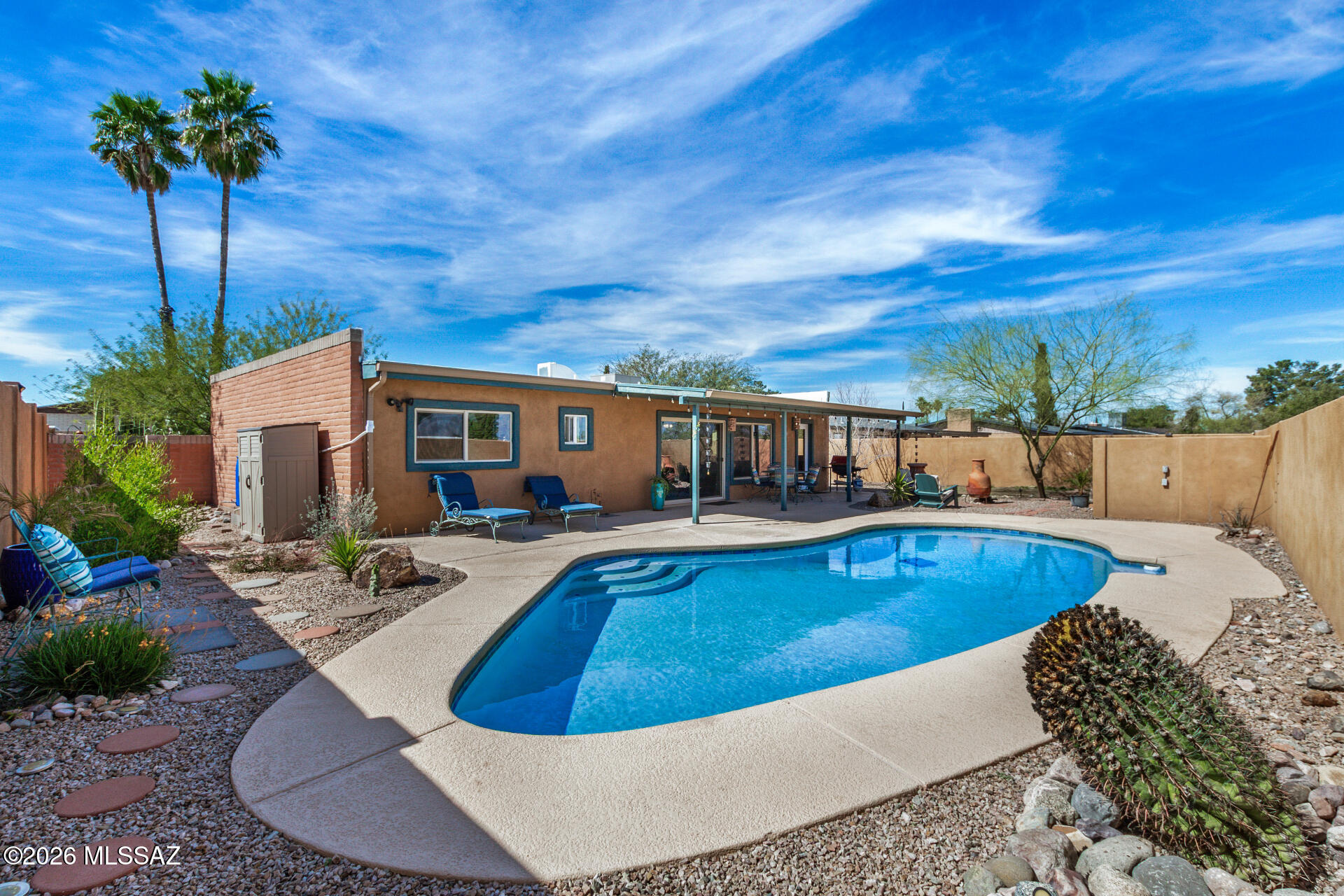 Experience this charming 3-bedroom, 2-bath Southwestern-style home in East Tucson. Relax in your private backyard oasis with a sparkling pool or unwind in the peaceful front courtyard while enjoying mountain views and desert sunsets. Perfect for entertaining or quiet mornings with coffee, this home blends comfort and Arizona lifestyle living. Conveniently located near parks, hiking and biking trails, shopping, dining, golf, and everyday essentials, with easy access to major roadways. Inside, the bright, open layout features updated appliances, luxury vinyl plank flooring, and a beautifully updated primary bathroom. Ideal for first-time buyers, families, snowbirds, or anyone seeking a turnkey home in Tucson's Eastside.