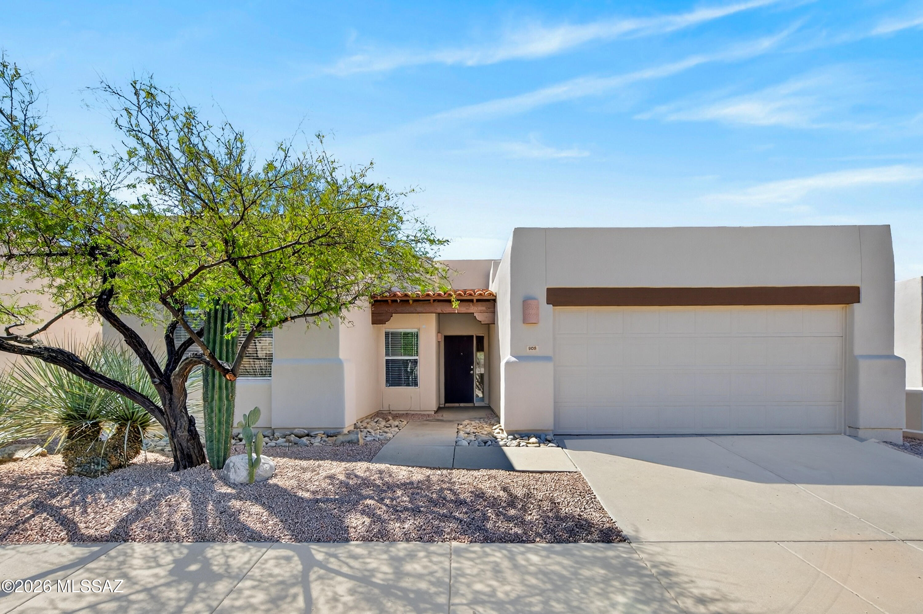 Open House, Sunday, 04/12, 2:30-4:30 p.m. Price Reduced. Charming Santa Fe style AF Sterling Home in built in 1993 located in coveted Rancho Primero. Conveniently located near La Encantada shopping center and the University Of Arizona. 3 bedroom, 2 bathroom, split bedroom floor plan. Good sized primary suite with walk-in closet. High ceilings, light and bright interior. Updated kitchen appliances. Newer carpet in the bedrooms. HVAC 2025, roof recently re-coated, interior and exterior recently painted, Mountain view from the front of the home. February 2026. Wonderful community pool. HOA fee includes: refuse collection, community pool, common area structural hazard and liability insurance, structural improvements, grounds, sewer lines, streets and parking areas and front yard landscaping.