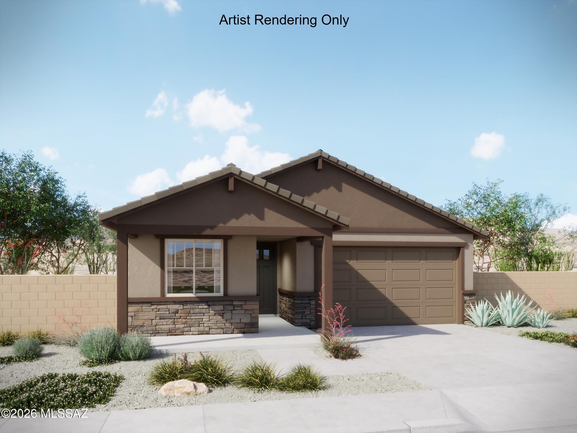 Charming Copper plan with Ranch elevation, thoughtfully designed for comfortable, modern living. The open-concept Greatroom, spacious dining area, and kitchen create an inviting space for everyday living and entertaining. The Owner's Suite offers a relaxing retreat with a generous walk-in closet, beautiful walk-in shower, dual-sink vanity, and backyard views. The well-appointed kitchen features a gas range, center island, and walk-in pantry. 8-foot interior doors add an elevated touch, while the 12-foot centered sliding glass door provides a bright, seamless connection to the backyard. Includes Washer/Dryer, Refrigerator & blinds.