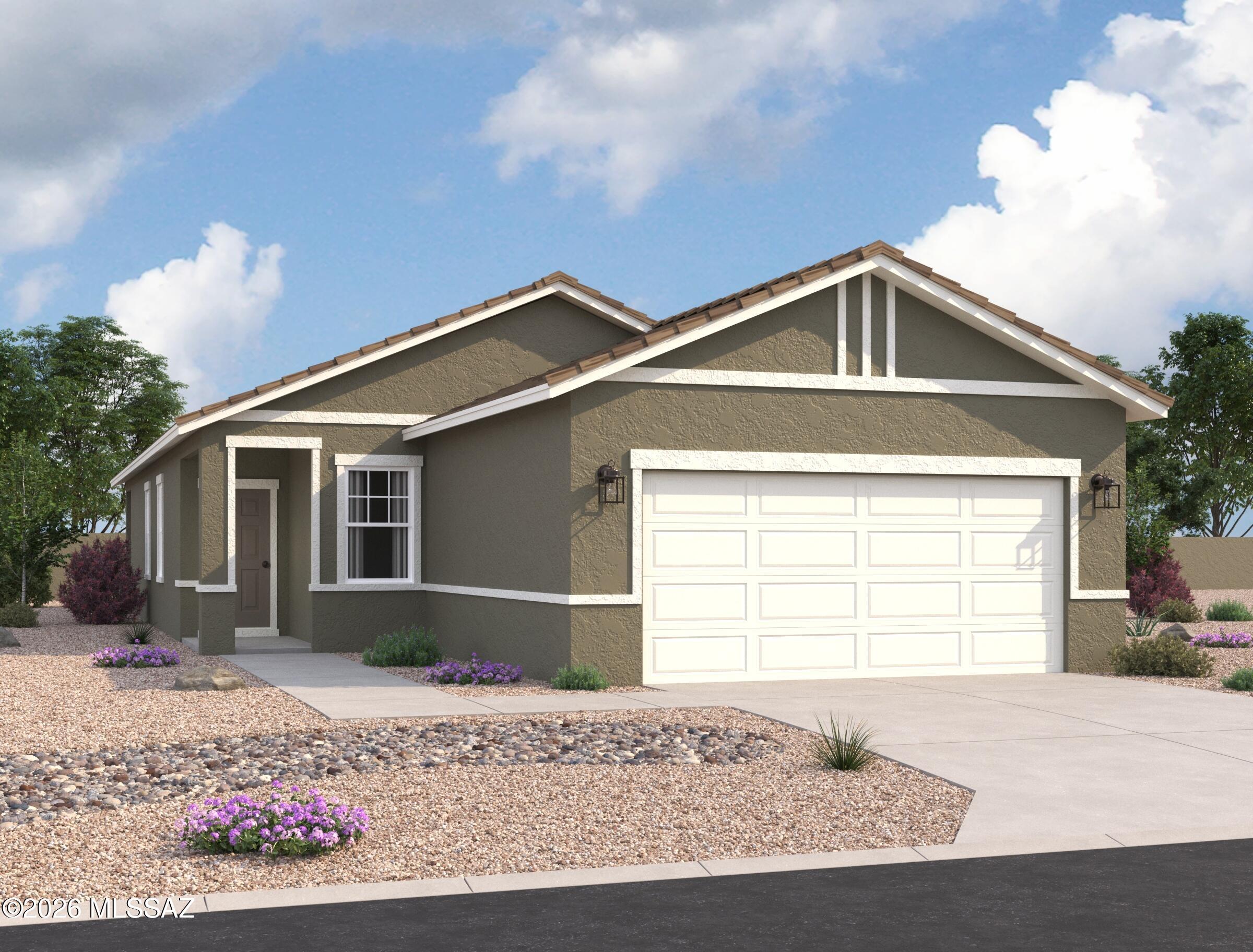 The Steward offers the perfect blend of comfort and flexibility with 3 bedrooms, 2 baths, and a spacious single-story layout designed for everyday living. A versatile flex space provides room for a home office, playroom, or hobby area, while the open-concept design creates an inviting atmosphere for gathering with family and friends. Located in an exclusive boutique neighborhood featuring all single-story homes, residents enjoy a charming streetscape, added privacy, and a truly unique community feel. Beautiful, brand-new homes featuring thoughtfully designed floorplans in the scenic Tucson community of Star Valley! Conveniently located with easy access to I-19 and major Tucson destinations, this community offers the perfect balance of comfort, convenience, and outdoor living. Homes showcase desirable upgrades including 9' ceilings, white shaker cabinets, Shaw 17" x 17" tile flooring, and granite kitchen countertops. Each home comes move-in ready with stainless steel kitchen appliances, including a refrigerator, washer, and dryer. Energy-efficient features include Low-E dual-pane windows and a Wi-Fi programmable thermostat to help maximize comfort and savings. Exterior highlights include front yard desert landscaping with irrigation, covered patios, and spacious backyards designed for enjoying Tucson's beautiful sunsets. Residents enjoy community amenities including large park with soccer fields; walking paths and natural trails; children's play area; basketball courts; tennis courts; pickleball courts; natural-area dog park and incredible mountain views everywhere! This welcoming community offers the perfect combination of modern living and the natural beauty of the Tucson desert.