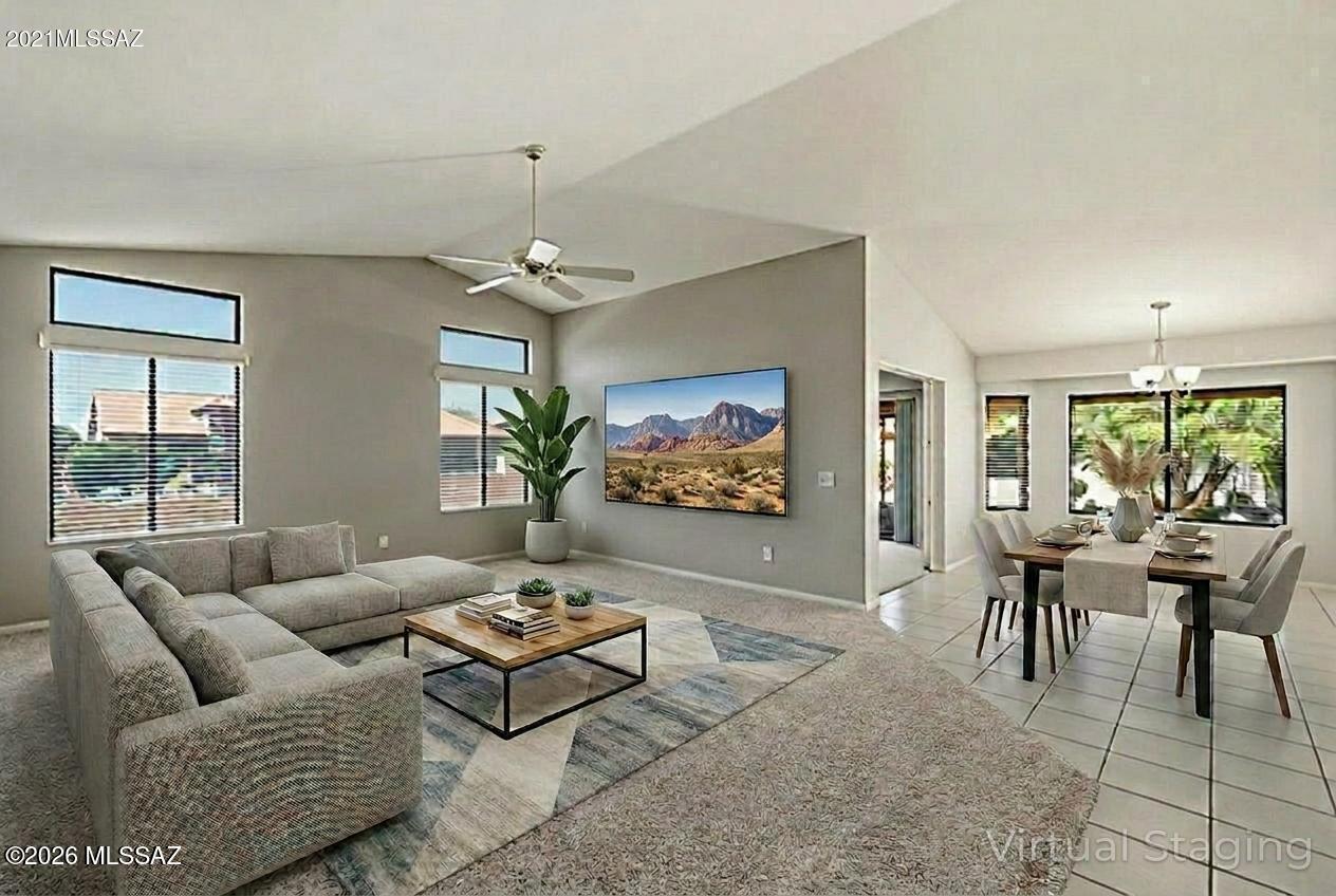 Located in SaddleBrooke Two Active Adult Community, this expanded Sonora floorplan offers versatile living with an extra bonus den and flexible great room and 2 bedrooms. The updated kitchen features granite countertops and stainless appliances, additional portable prep island - perfect for everyday living and entertaining. Situated on a large corner lot, the private backyard includes a ramada for added sun protection and relaxing outdoor enjoyment. Front patio enjoys mountain views. The guest room showcases front mountain views, while the primary suite offers a bay window sitting area and walk-in closet. Both bedrooms have new carpet (2/2026). Two-car garage with storage cabinets. HVAC 2014. Original owner moved to be near family. SELLER will pay $5505 Cap Imp Fee  with acceptable offer!