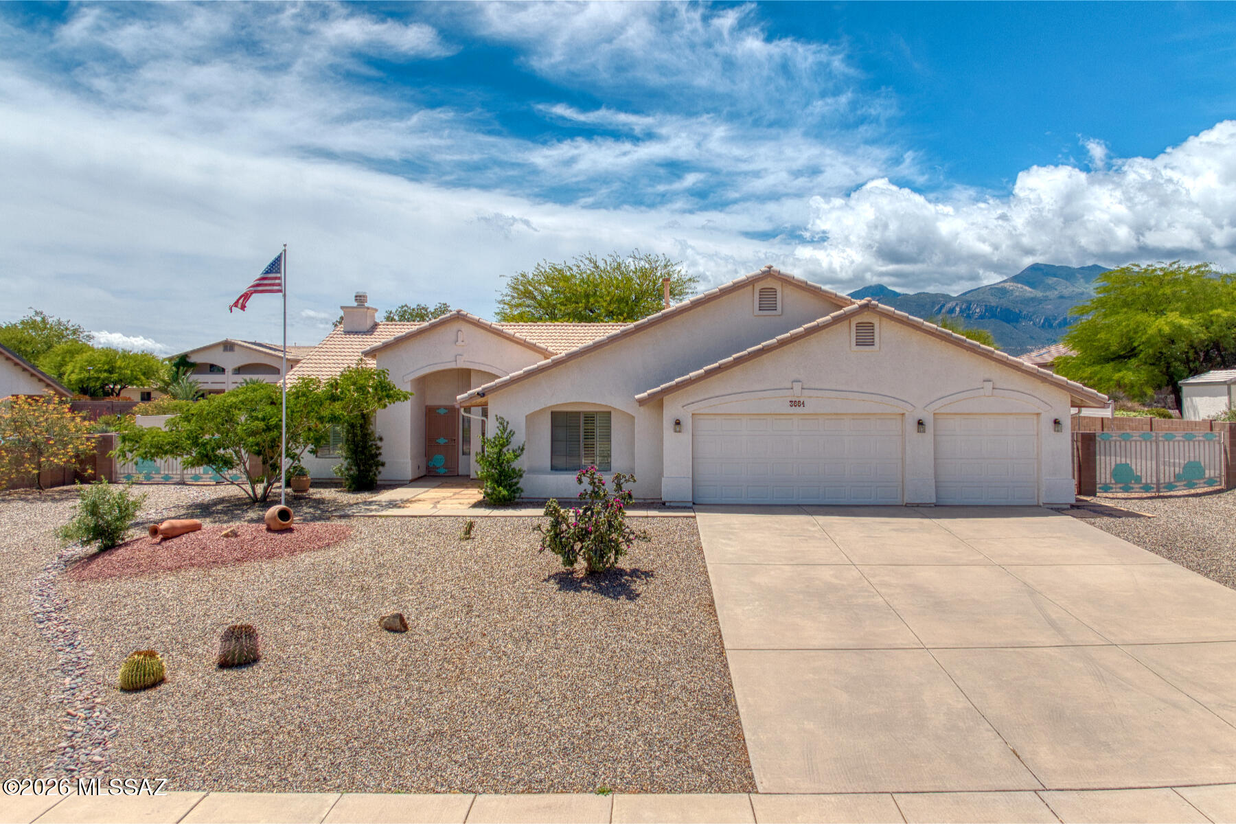 Beautiful 3BR/2BA + office home in Canyon de Flores! This 2,121 SF split-floorplan home sits on a spacious .413-acre lot and features a stunning greatroom design w/vaulted ceilings, plantation shutters, gas fireplace, tile flooring in living areas, and brand-new carpet in bedrooms. Gorgeous kitchen offers brand-new granite countertops, beautiful wood cabinetry, stainless appliances, new refrigerator, breakfast bar, large island w/storage, and pantry. Spacious primary suite includes walk-in shower, dual vanity, water closet, and nice walk-in closet. Owned water softener, washer/dryer convey, and recently serviced HVAC add value and comfort. Enjoy the huge covered patio, lush backyard with block walls, RV gate, 30-amp RV outlet, and mature landscaping. Close to shopping and Ft. Huachuca!