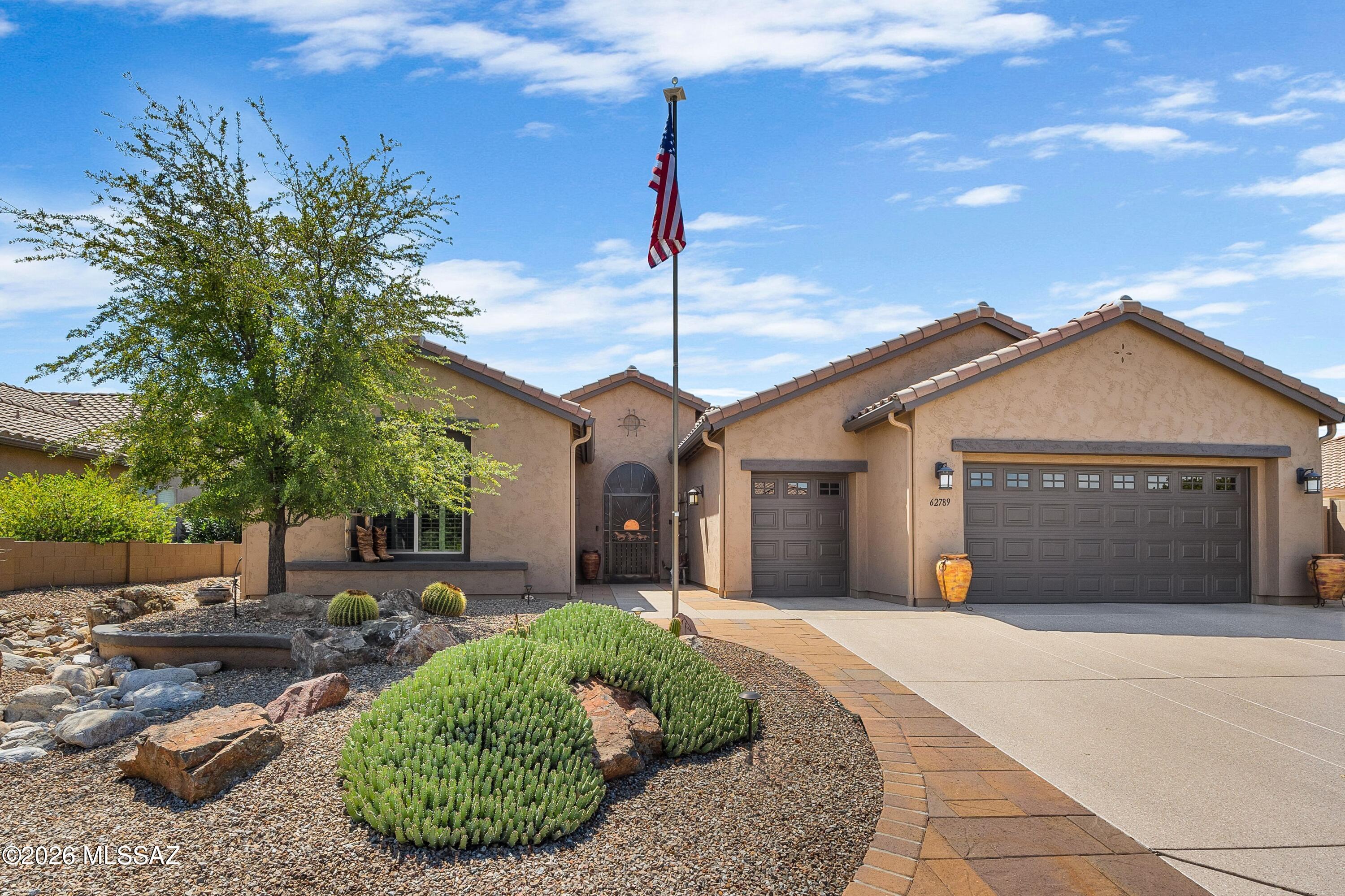 An exceptional 2014 Cortez with Heated/Solar Saltwater Pool & Hot Tub! Great curb appeal & pride in ownership! Great Room features Premium Home Theatre Package & remote-controlled solar shades on rear windows. Kitchen offers maple cabinetry, granite counters, stainless steel appliances, gas range, island, & walk-in pantry. Dining Area with patio slider. Owner's Suite has patio slider. Ensuite Bath with walk-in shower & walk-in closet. Den/Office & Powder Room. Guest Bedroom with closet & Ensuite Bath. Laundry Room with W/D & cabinets. Extended 2.5-Car Garage has 2025 HVAC, utility sink & cabinets. Private resort-style retreat with covered stamped-concrete patio, extended pavers with firepit area, saltwater pool with waterfall, hot tub, electric sun shade awning & gated yard to enjoy!