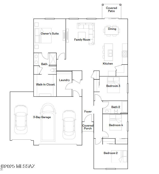 This spacious single-story home features a 3-bay garage, ideal for car enthusiasts, extra storage, and a modern design. The open layout among the kitchen, Family Room and dining room leads to a covered patio for outdoor living, while a nearby office is great for at-home work. All three bedrooms surround the space, including the luxe owner's suite with a walk-in closet. This home also includes Granite Countertops, Rinnai Tankless Water Heater, Smart Thermostats, Post-Tension Foundation, Radiant barrier roof decking, 2'' Faux Wood Blinds and more! As an added bonus, this home comes complete with a washer and dryer!