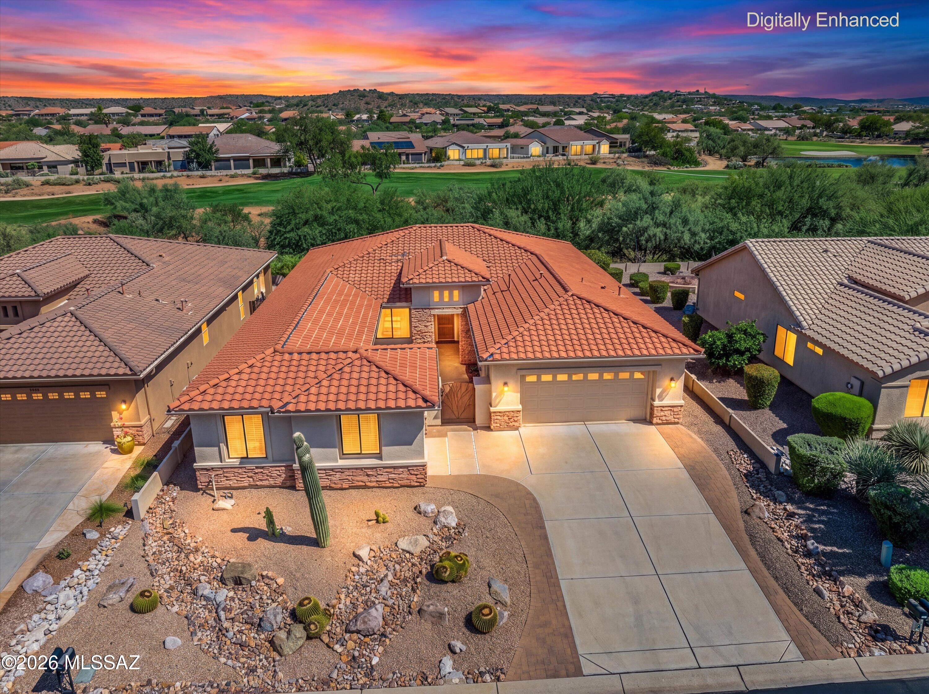 Cimarron Model with Private Casita & Golf Cart Garage! Experience the exceptional Cimarron model, thoughtfully designed for comfortable living, privacy, and effortless entertaining in SaddleBrooke's premier active adult community. Beautifully maintained, this spacious home offers 3 bedrooms, 3 full bathrooms, a versatile den, private casita, and separate golf cart garage--an ideal blend of space and flexibility. Step outside to an exceptional outdoor setting featuring a welcoming front courtyard and an extremely private north-facing backyard with no homes directly behind. Positioned on a golf course lot with expansive desert views, the backyard is designed for true outdoor living. The north-facing orientation provides a more comfortable setting for enjoying the patio, entertaining guests, dining al fresco, or simply relaxing outdoors while taking in the beautiful Arizona landscape--making this a space you can enjoy throughout the year.
The inviting open-concept floor plan features generous living areas and a chef-inspired kitchen with granite countertops, gas range, stainless steel appliances, and a bright dining nook. The spacious primary suite offers a relaxing retreat with dual vanities, a custom walk-in closet, and beautifully appointed walk-in shower. The private casita provides a comfortable, secluded space for visiting guests.
A spacious laundry room and extended garage with abundant storage add everyday convenience. Recent improvements include roof underlayment replaced in 2025, fresh interior paint, LG refrigerator (2025), Whirlpool dishwasher (2026), washer & dryer (2024), HVAC (2024/2023), casita mini-split (2024), water heater with recirculating pump (2021), refreshed landscaping and sanded pavers (2025), all toilets and exhaust fans replaced (2025), plus updated lighting and ceiling fans.
Lovingly maintained and move-in ready, this exceptional Cimarron offers privacy, flexibility, beautiful desert surroundings, and the opportunity to embrace the best of SaddleBrooke's resort-style active adult lifestyle.