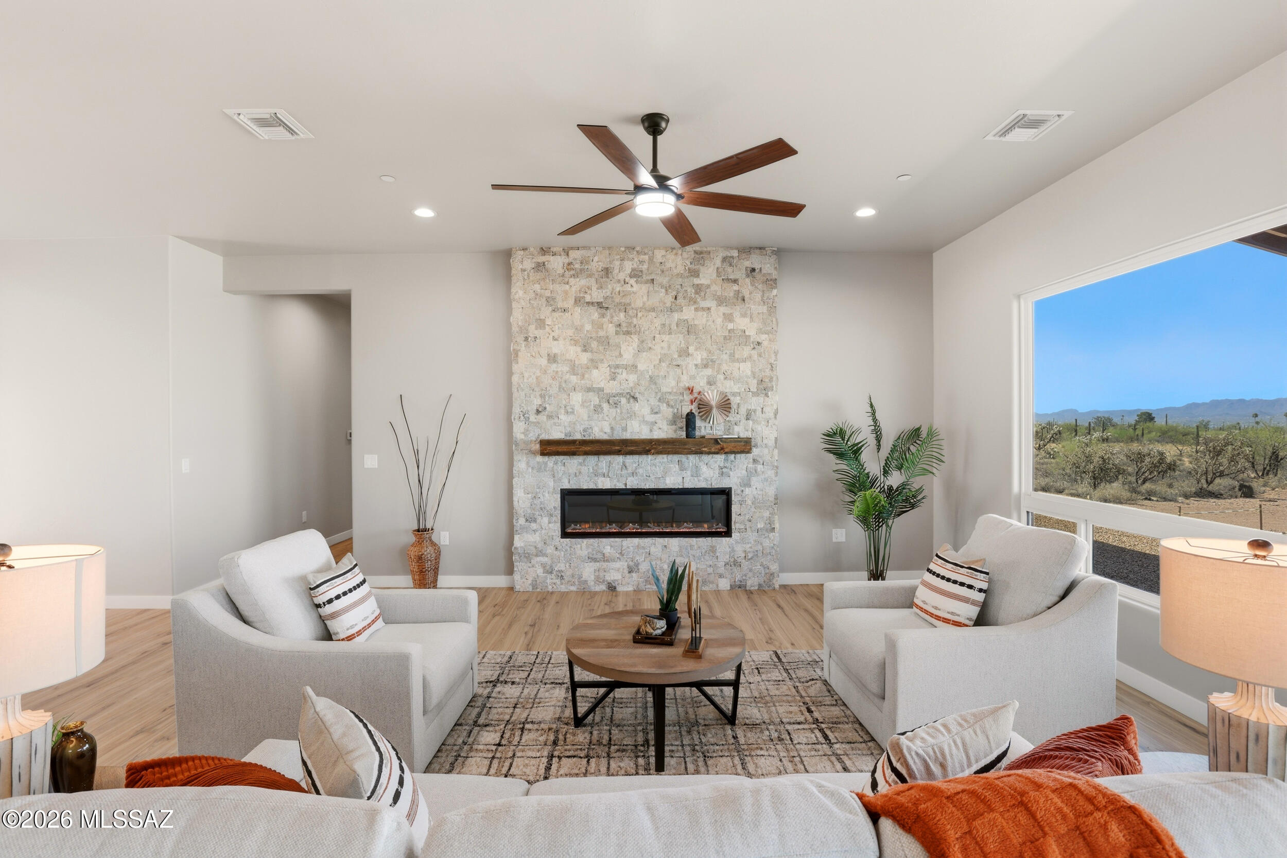 Brand-new construction built for the way you actually live. This home sits on an expansive lot with thoughtful spacing, just minutes from I-10, Dove Mountain, shopping, and dining--privacy and convenience in one package.
Got toys? The oversized 3-car garage was made for trucks, gear, and weekend escapes. Step inside to a light-filled great room designed for gathering and everyday living, with quality finishes and craftsmanship throughout.
The split-bedroom floor plan tucks a private guest suite away from the primary--perfect for visitors, multigenerational living, or a quiet home office. This isn't just a house. It's a place built to fit your life, your gear, and your people. A new row of hop seed bushes was added on the west side and SW corner. This will grow quickly into a hedge.