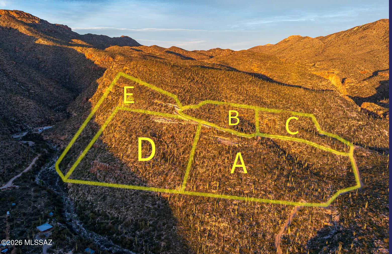 Incredible Opportunity - 5 Stunning Lots in the Sought-After Tanque Verde Valley

Don't miss this rare opportunity to own five breathtaking lots, totaling over 30 acres, nestled in the scenic northeast corner of Tucson, AZ. Located in the highly desirable Tanque Verde Valley and perched along the mountainside of the Catalina Mountains, these properties offer truly spectacular panoramic views—including majestic mountain ranges, vibrant sunsets and sunrises, sparkling city lights, starry night skies, and more.

Surrounded by natural beauty, the land lies between the stunning Molino Canyon and Aqua Caliente Canyon, offering dramatic rock formations, native saguaros, desert landscapes, and abundant wildlife. Outdoor enthusiasts will love the easy access to nearby hiking trails... and the serenity this area provides.

Each lot includes a proposed graded building pad with surveyed home site locations. Some sites may require additional grading work. A comprehensive file is available, including surveys and other development resources.

This exceptional setting must be experienced in personespecially at sunsetto truly appreciate its beauty and uniqueness. Whether you're a builder, investor, or future homeowner, this is a one-of-a-kind opportunity to create something remarkable.

Contact us today to schedule your private tour. Video tours available.
 **Per Settlement Agreement attached to the parcels, up to $35,000 in paving, up to $50,000 in utilities & a well agreement in place.  Buyer to do own due diligence.**