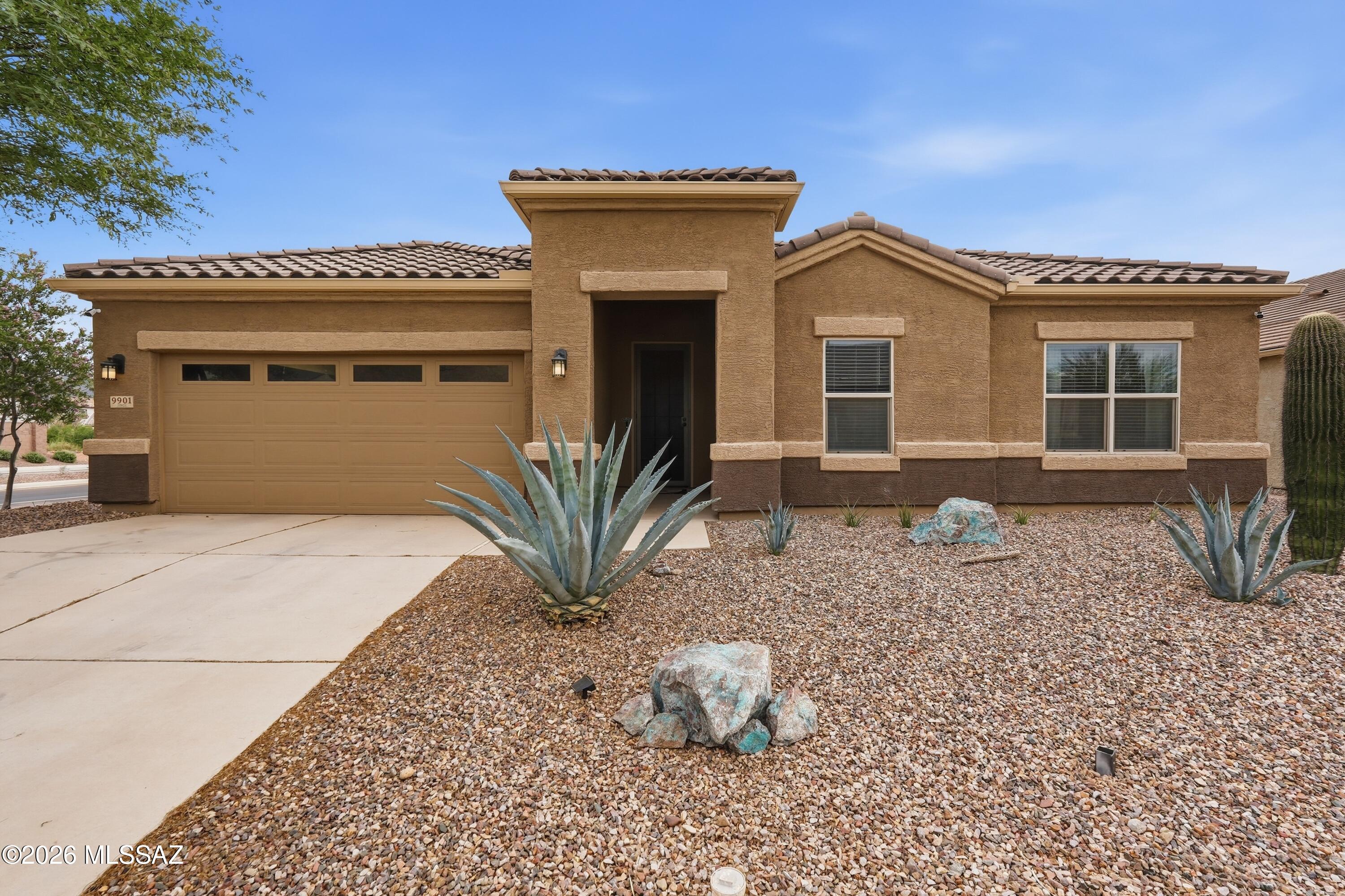 Better than new and move-in ready! Skip the wait and upgrade costs with this beautifully updated Marana home. Enjoy a fully landscaped backyard with retractable shades and a sparkling pool with a water feature--something new builds can't offer. Inside features fresh paint, new lighting and fans, smart thermostat, security system, and a built-in home theater with all TVs included (55''-100''). Major upgrades include new HVAC, water softener, new pool pump and vacuum, plus custom garage cabinets with Strong-hold overhead racks. Front landscaping is all new, and a 1-year home warranty is included. No waiting. No surprises--just the perfect home.