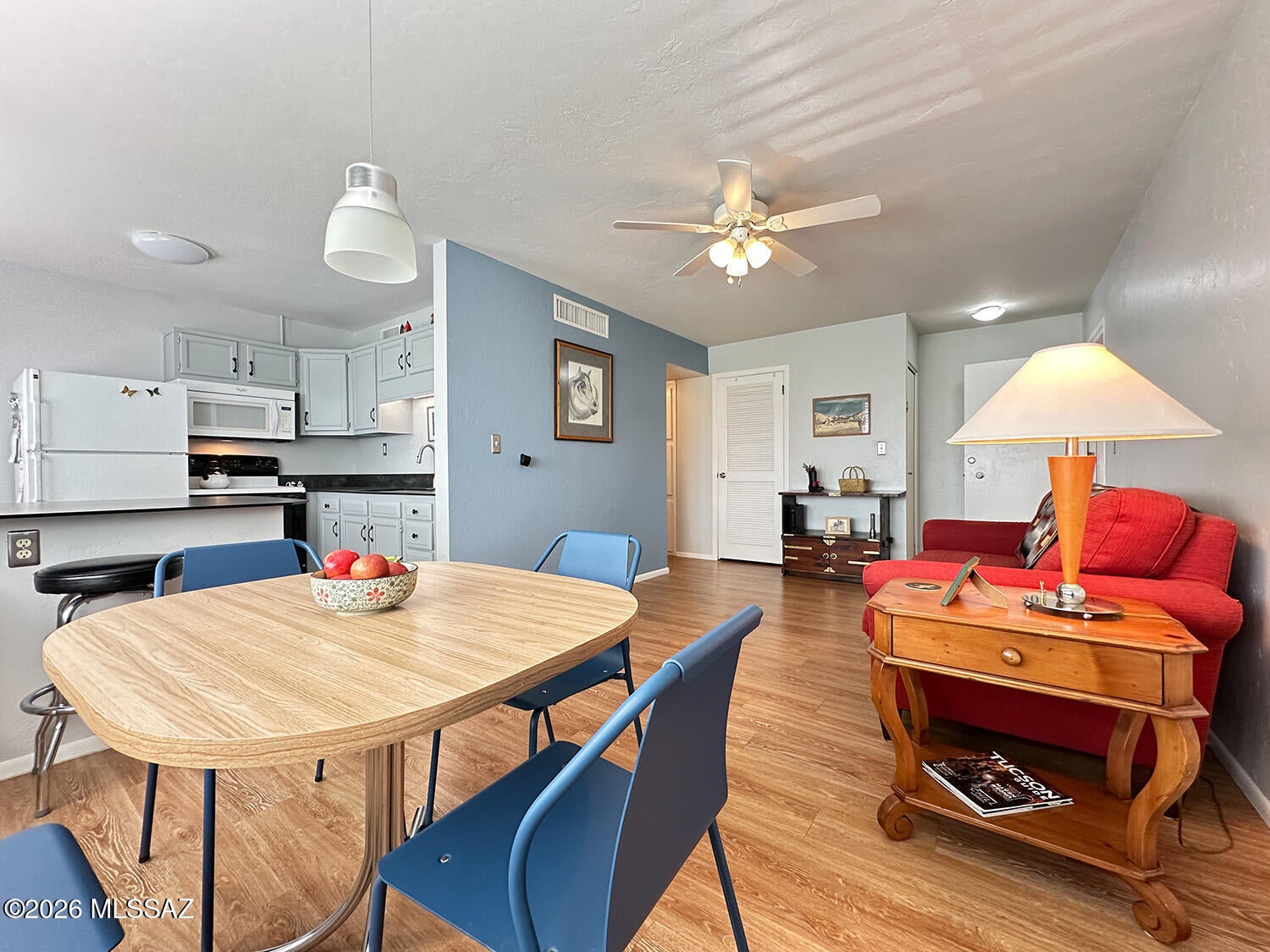 Bright and updated upstairs co-op unit in East Tucson! This 1BD/1BA home features a completely remodeled kitchen, dual-pane windows, and a newer HVAC system installed approximately 2 years ago. The enclosed porch, completed prior to the current ownership, provides versatile bonus space ideal for a second bedroom, home office, reading room, or hobby area. South-facing exposure fills the home with natural light and offers distant mountain views. Clean, well-maintained, and move-in ready. Monthly fee: includes property taxes, water, sewer, trash, gas, roof maintenance, pest control, pool, grounds maintenance, and more. Conveniently located just one block from shopping, dining, and public transportation. Cash purchase only. No rentals permitted.