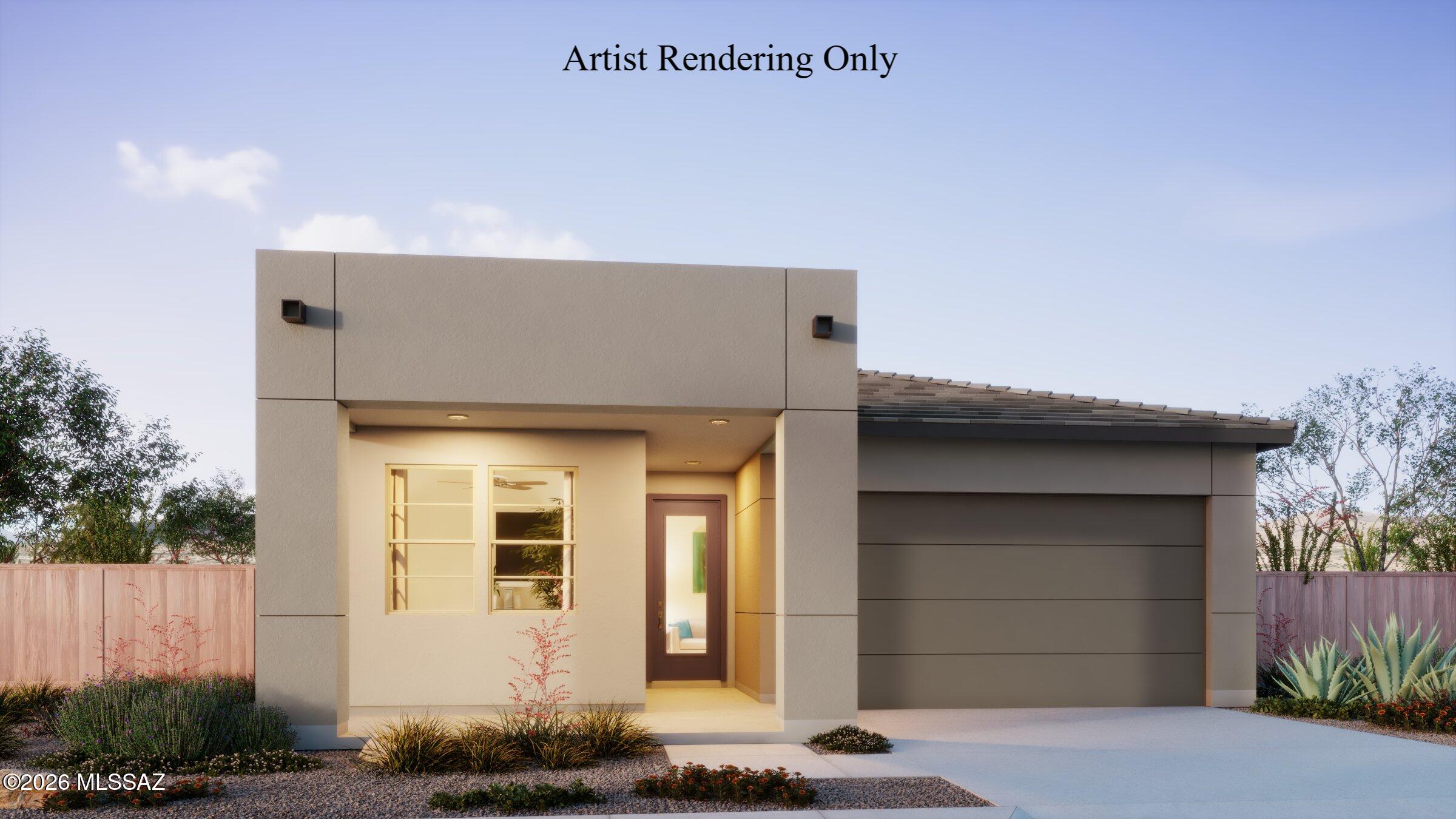 Charming Copper plan with Desert Modern elevation. Thoughtfully designed open Greatroom layout includes spacious dining/kitchen area, 2 bedrooms, 2 full baths and enclosed Study. Owner's suite is a true retreat with generously sized walk-in closet, walk-in shower, vanity with twin sinks and view to backyard. The modern kitchen is equipped with a gas range, Whirlpool refrigerator, center island and a walk-in pantry for all your culinary needs. Laundry room is complete with Washer/Dryer. Includes faux wood blinds.