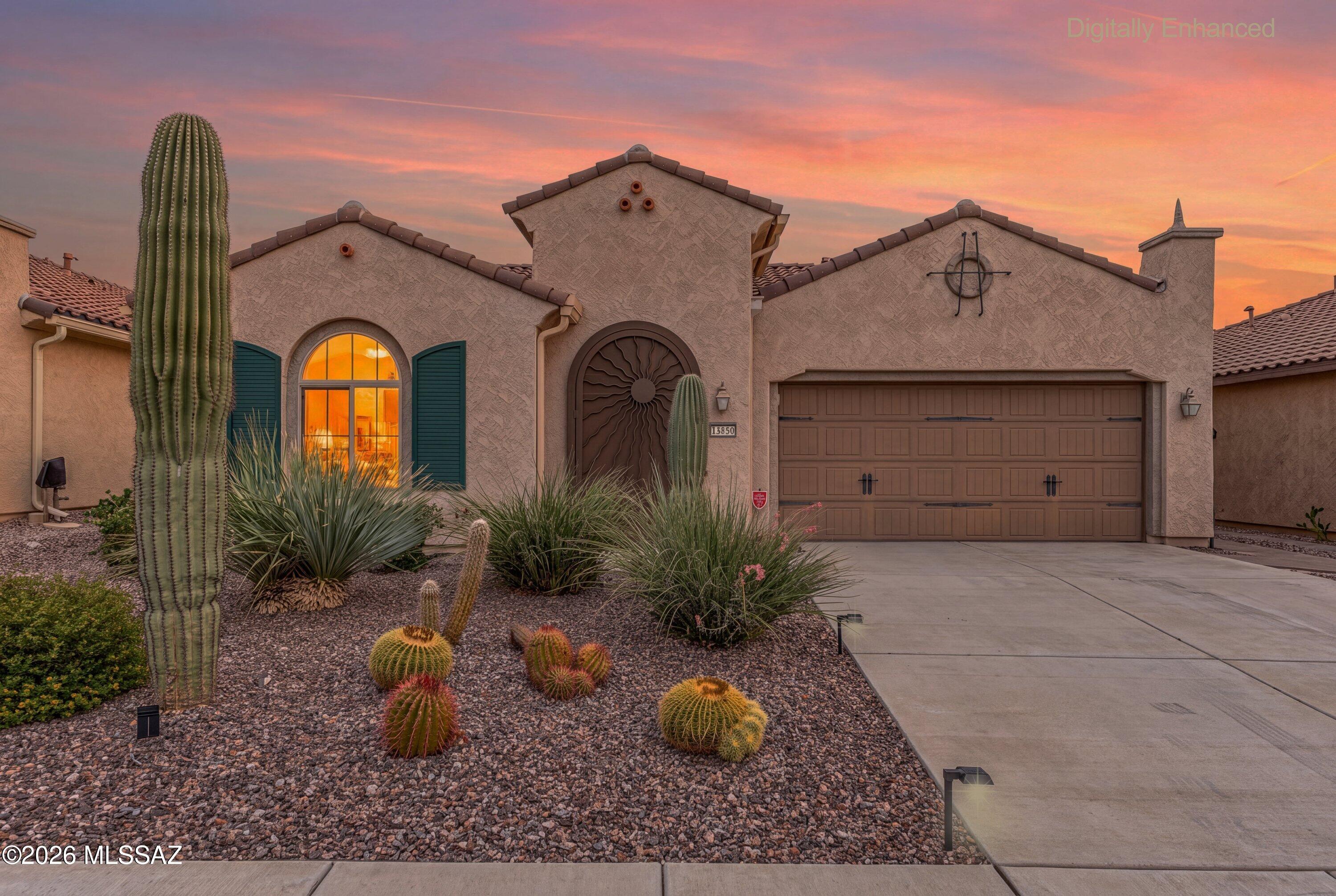 Welcome to this gorgeous home in upscale, 55+ Del Webb at Dove Mountain. This property features 2bed/2bath+den, 2010 sq. ft. of open living space, plus 338 sq. ft. of covered patio. Many upgrades, including a bay window in owner's suite, automatic interior blinds, water softener and 82 sq. ft. of climate-controlled storage/work room. Upgraded kitchen package with granite countertops and premium appliances. Decorative steel security doors for all 3 exterior doors. Upgraded HVAC unit (2022) and owned solar to help keep energy cost low! Tile floors throughout, with bedrooms and den carpeted. Washer and Dryer included. Thoughtfully landscaped, larger back yard, with orange and fig trees; ideal for year-round entertaining or simply just capturing one of Tucson's breathtaking sunsets!