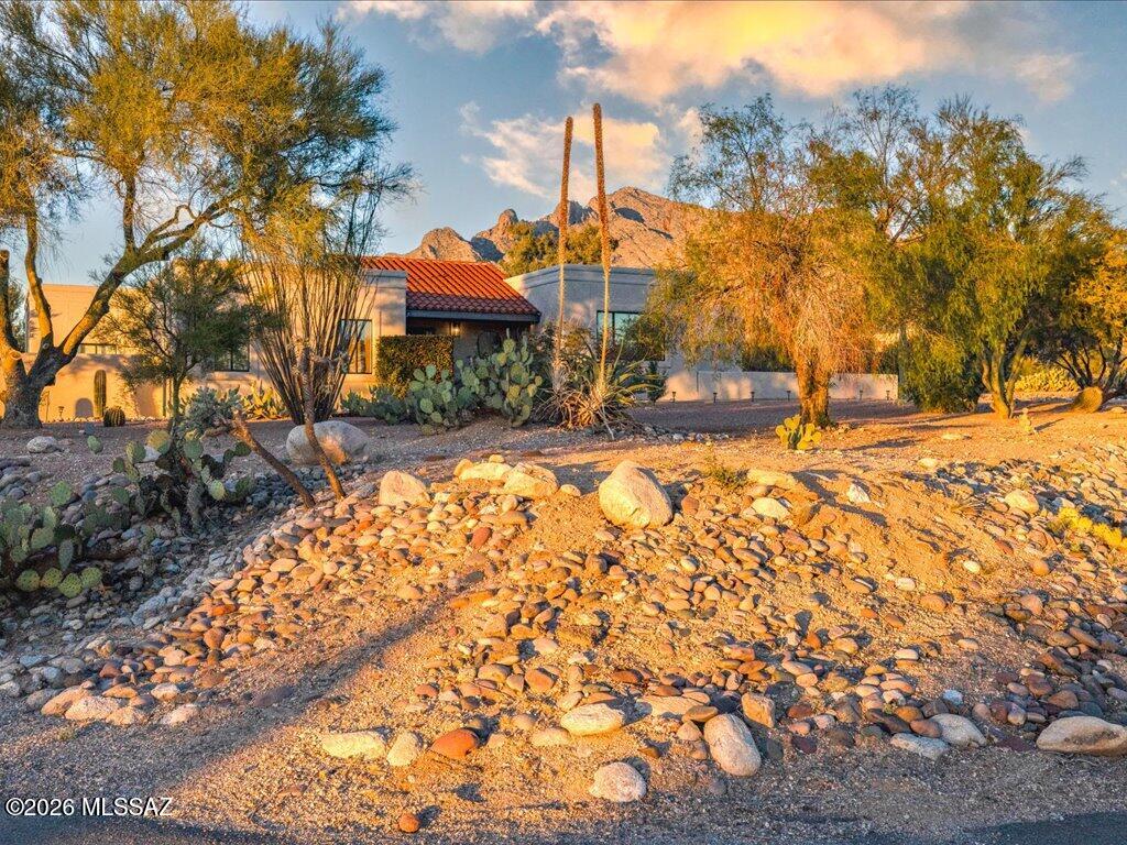 Great home with stunning mountain views in this beautiful Westward Look foothills neighborhood. This home sits on over an acre of gorgeous desert. Home is well maintained and it shows! Entertainers delight backyard with pool, spa, fire bowls, outdoor kitchen and artificial grass. Extra side walled patio and outdoor space off of living room- perfect for a garden or courtyard. Close to everything yet tucked away. Property also features a putting green, tankless water heater, 2 newer HVAC units, new pool filter, and NO HOA.