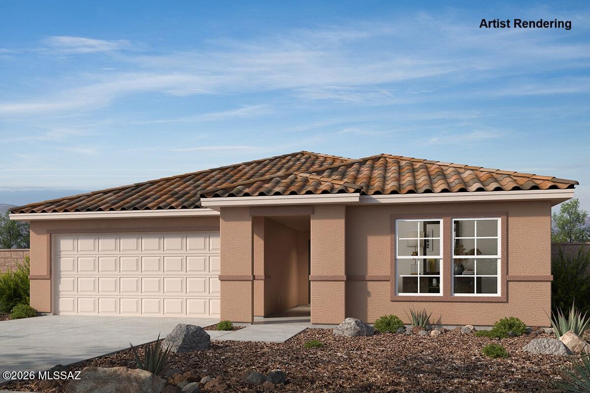 Premier southeast Tucson single-builder master plan community at SW corner of Valencia & Houghton. This single-story, 4-bed, 2-bath home features 9-ft. ceilings and upgraded porcelain tile flooring. Overlooking the expansive great room, the kitchen showcases Silestone® quartz countertops, birch soft-close cabinets, an island, large walk-in pantry, and Whirlpool® appliances, including a smart oven with gas cooktop and range hood. The primary suite boasts a connecting bath with a walk-in closet, dual-sink vanity, and walk-in shower. The extended covered back patio provides copious space for outdoor dining and entertaining. Price includes discount predicated on using seller's preferred lender KBHS. Property taxes are not available to date.