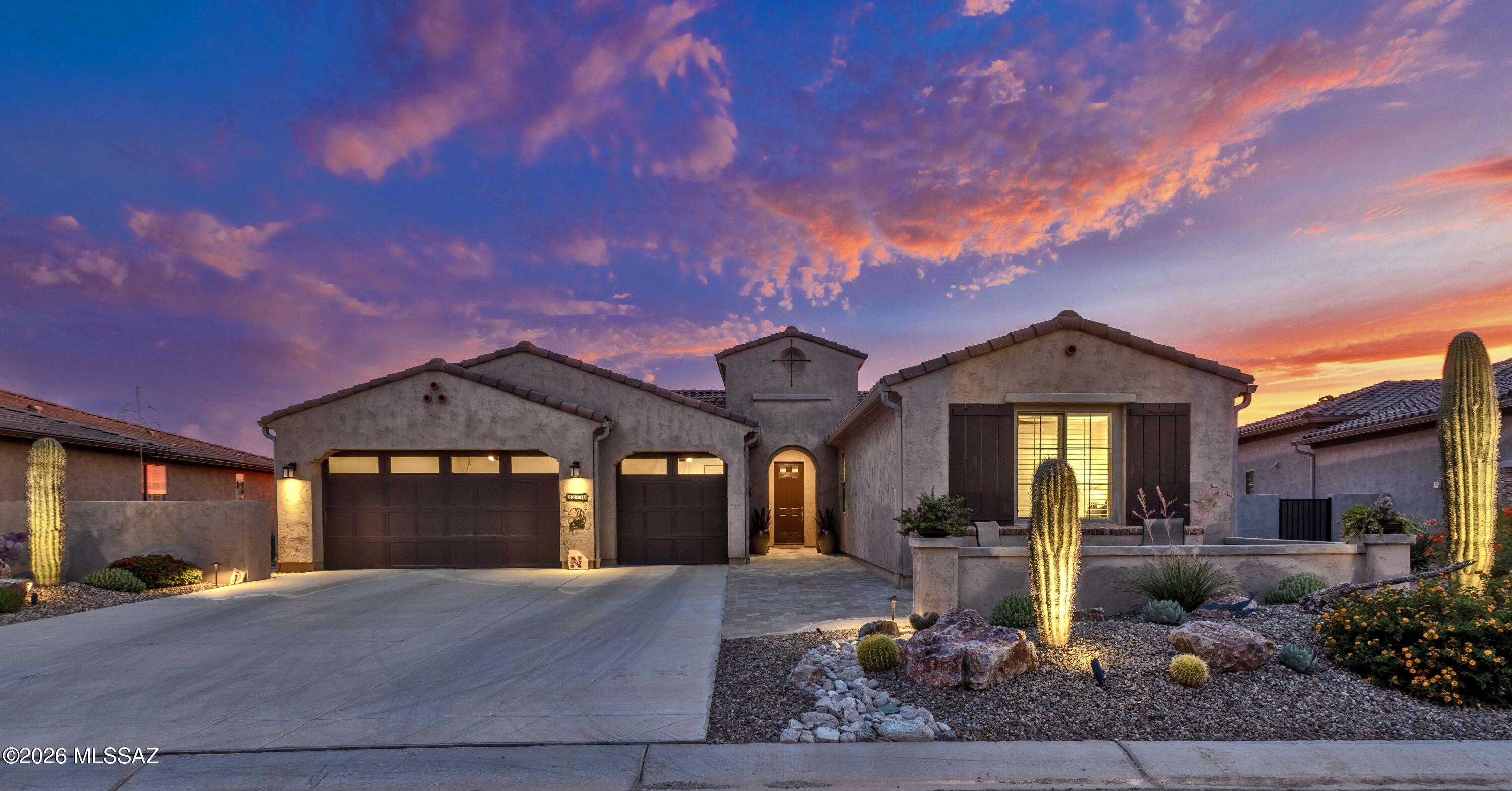 Luxury meets tranquility in this exceptional 2021 home, where refined finishes, flexible living spaces, and breathtaking desert and mountain views come together in one of SaddleBrooke Ranch's most desirable locations. Offering 2,594 square feet, this beautifully designed residence features 3 bedrooms plus a versatile den, 3 full bathrooms, and a convenient powder room, providing the ideal balance of elegance and everyday comfort.

The spacious great room with soaring ceilings flows effortlessly into the formal dining area and a beautifully appointed kitchen featuring a large island, walk-in pantry, and premium GE Profile appliances including a Speedcook convection oven and Advantium microwave. Countertops showcase stunning premium quartz selections. The versatile den offers flexibility as a home office, media room, hobby space, or guest room, while thoughtful upgrades--including extra sound-reducing insulation in common walls for added privacy and quiet, water filtration system, zoned central air, ceiling fans, and a laundry room with sink--enhance daily living. The attached 3-car garage and dedicated golf cart garage add exceptional convenience.

Outside, enjoy a covered patio, barbecue area, firepit with fountains, and above-ground spa overlooking an elevated homesite that borders common area, creating a peaceful setting with remarkable privacy. Relax while taking in sweeping desert and mountain views and unforgettable Arizona sunsets from your own backyard. Low-maintenance desert landscaping ensures more time enjoying the view and less time on upkeep. Motorized exterior patio shades add convenience and modern comfort.

Residents enjoy the award-winning SaddleBrooke Ranch lifestyle with championship golf, tennis, pickleball, multiple pools and spas, fitness facilities, putting green, and scenic walking trails. Combining modern construction, luxurious comfort, spectacular views, and the tranquility that is increasingly hard to find, this outstanding home offers an exceptional opportunity to enjoy resort-style desert living at its finest. This is where sophistication meets serenity.