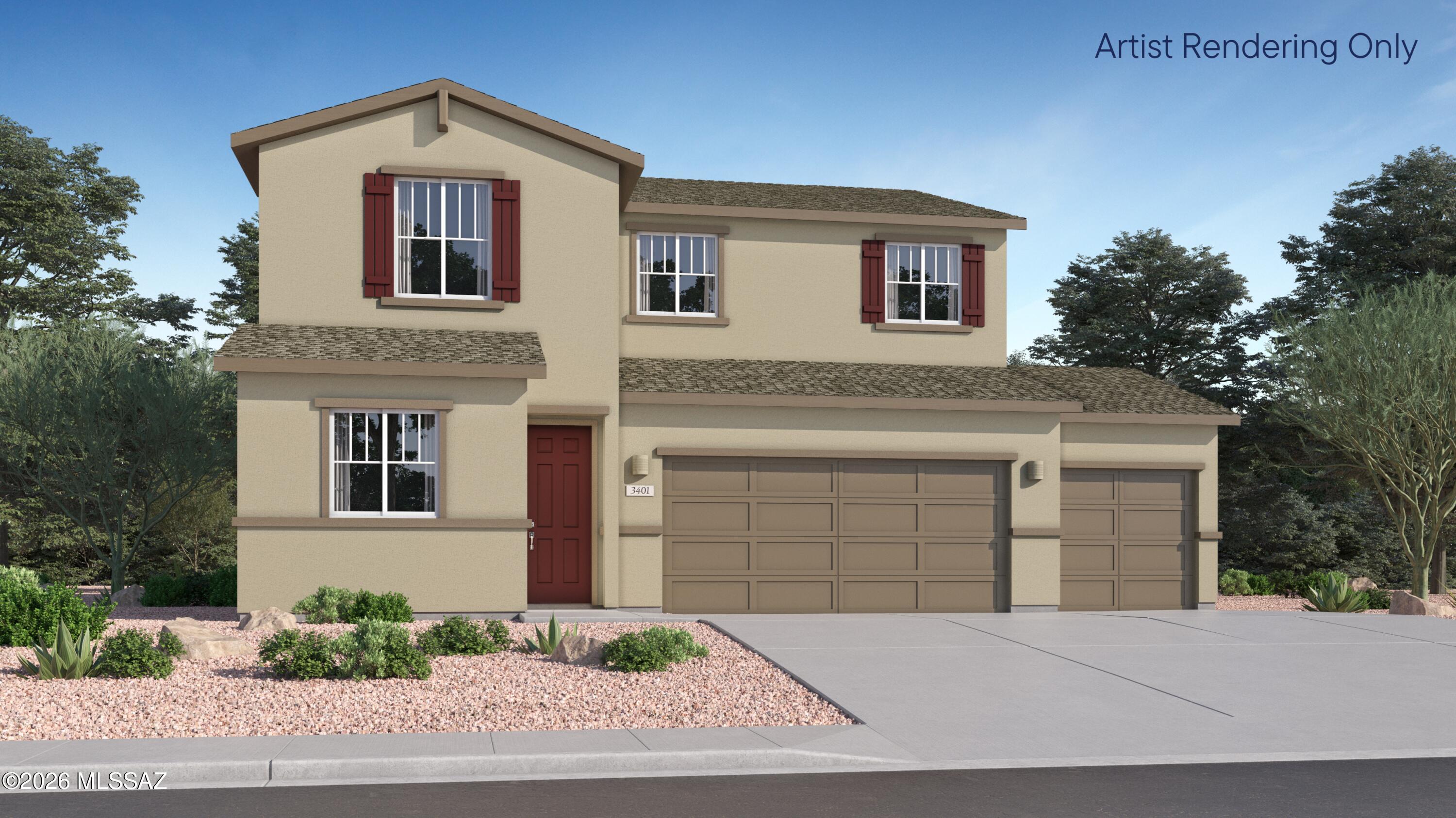 This new two-story home offers a convenient bedroom upon entry, steps from a full-sized bathroom in a well-thought layout. An open-concept floorplan encourages streamlined lifestyles with easy transitions between a modern kitchen, elegant dining room and comfortable family room. A versatile loft provides an additional space to lounge and entertain near three additional bedroom suites and a luxurious owner's suite, complete with an en-suite bathroom .This home includes GE® stainless steel appliances, Rinnai Tankless Water Heater, Granite Countertops, Taexx® built-in pest control system, 2'' faux wood blinds, LED lighting, a washer and dryer and so much more! Don't miss this great opportunity to own a beautiful move-in ready home!