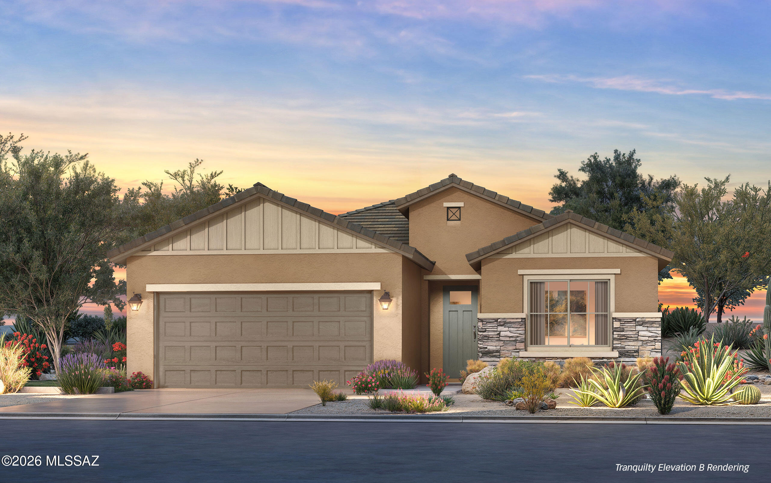 Beautifully crafted home featuring quality construction, energy-efficient upgrades, and stylish finishes throughout. Enjoy a high-efficiency HVAC system, tankless water heater, dual-pane Low-E windows, PEX plumbing, post-tension foundation, and a deep 2-car garage. The exterior showcases sand stucco, a concrete tile roof, upgraded lighting, and an 8' entry door. Inside, you'll find 9' ceilings, 8' doors, luxury vinyl plank flooring, LED lighting, structured wiring, USB outlets, and a spacious covered patio. The designer kitchen offers granite countertops, a full-height tile backsplash, 42'' Arctic White cabinets, a large island, pantry, and LG stainless steel appliances, including a French-door refrigerator. Elegant baths feature granite vanities & dual sinks in the primary suite. Additional Premium Upgrades

Rare golf cart garage for added convenience and storage
Upgraded carpet and luxury vinyl plank flooring throughout
Laundry room featuring a granite countertop workspace and utility sink
Included window coverings for a move-in-ready experience

This thoughtfully upgraded home combines style, functionality, and quality finishes throughout, offering the perfect blend of comfort and modern living.