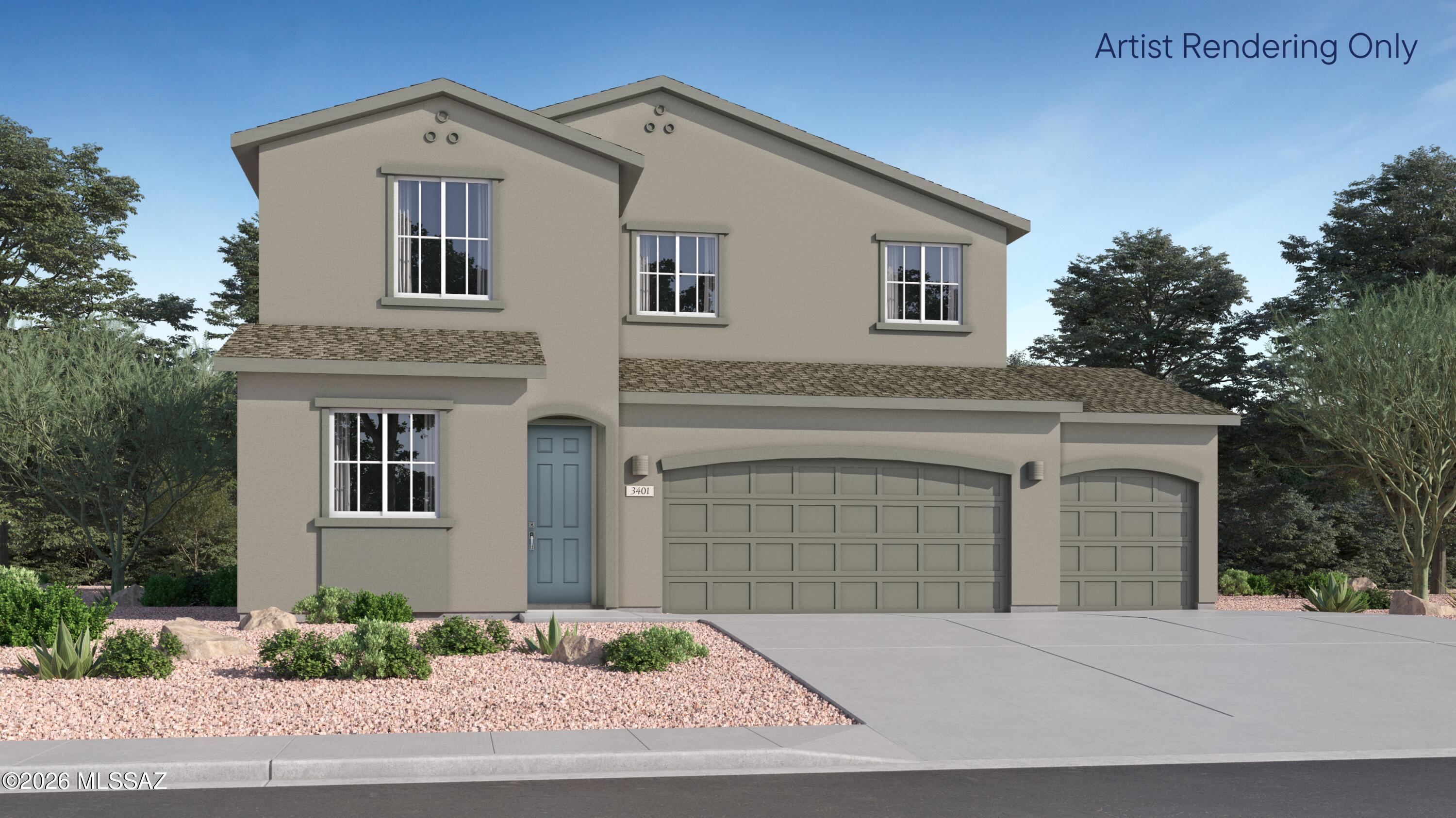 This new two-story home offers a convenient bedroom upon entry, steps from a full-sized bathroom in a well-thought layout. An open-concept floorplan encourages streamlined lifestyles with easy transitions between a modern kitchen, elegant dining room and comfortable family room. A versatile loft provides an additional space to lounge and entertain near three additional bedroom suites and a luxurious owner's suite, complete with an en-suite bathroom .This home includes GE® stainless steel appliances, Rinnai Tankless Water Heater, Granite Countertops, Taexx® built-in pest control system, 2'' faux wood blinds, LED lighting, a washer and dryer and so much more! Don't miss this great opportunity to own a beautiful move-in ready home!