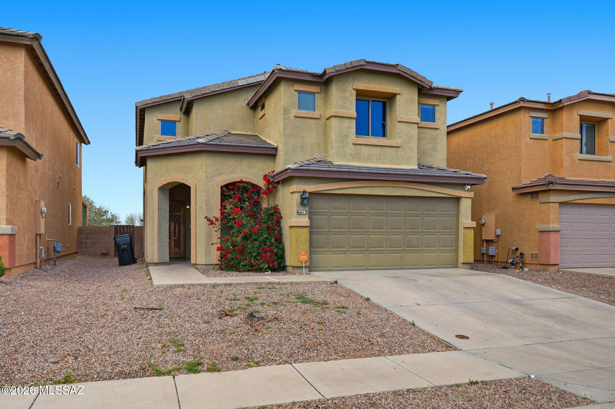 Step into this beautifully maintained 3-bed, 3-bath home offering 1657 sq ft of comfortable living space that shows like new! Featuring roof replacement 2021, plush carpet, updated kitchen cabinetry and stunning countertops. All appliances are included making this home truly move-in ready. Upstairs a loft provides the perfect space for a home office, gaming area or flex space to fit your lifestyle. The staircase is enhanced with customizable LED  step lighting for a modern eye-catching touch. Energy efficient solar panel help reduce monthly utility costs. Step outside to a fully landscaped backyard with no direct neighbors behind offering added privacy and breathtaking sunset views. Ideally located near shopping parks freeway access and DMAFB this home combines style and convenience.