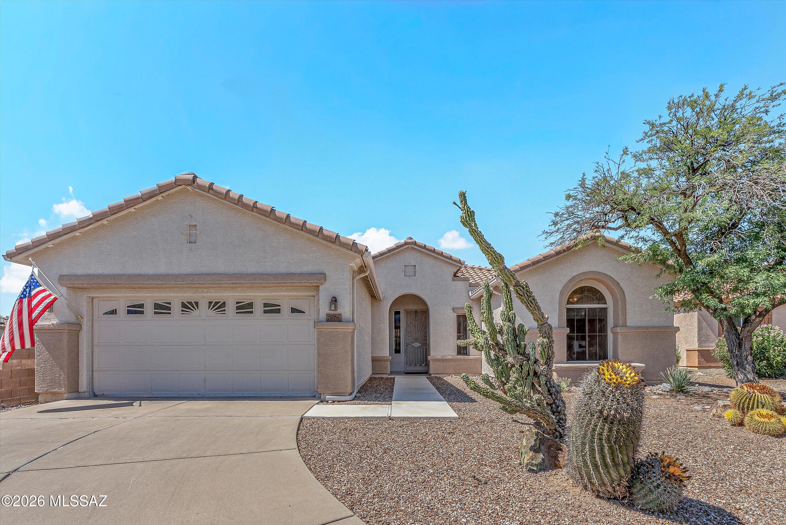 There is no carpet in this San Carlos model home. There is a one year old roof under-layment and water heater. Brand new dishwasher. 4.48 DC kW solar keeps the utility bills down. The back yard is beautifully landscaped featuring an impressive saguaro, color, and an extended patio. The patio facing north provides for warm winter morning and cooler summer afternoons. The den offers versatility as an office, hobby room, or guest space. New windows on the sunny west side of the house. The open architecture makes great use of the space in the great room. Located at the end of a cul-de-sac, there is little traffic in front, yet it is close to the wonderful Del Webb amenities the Sunflower community has to offer.