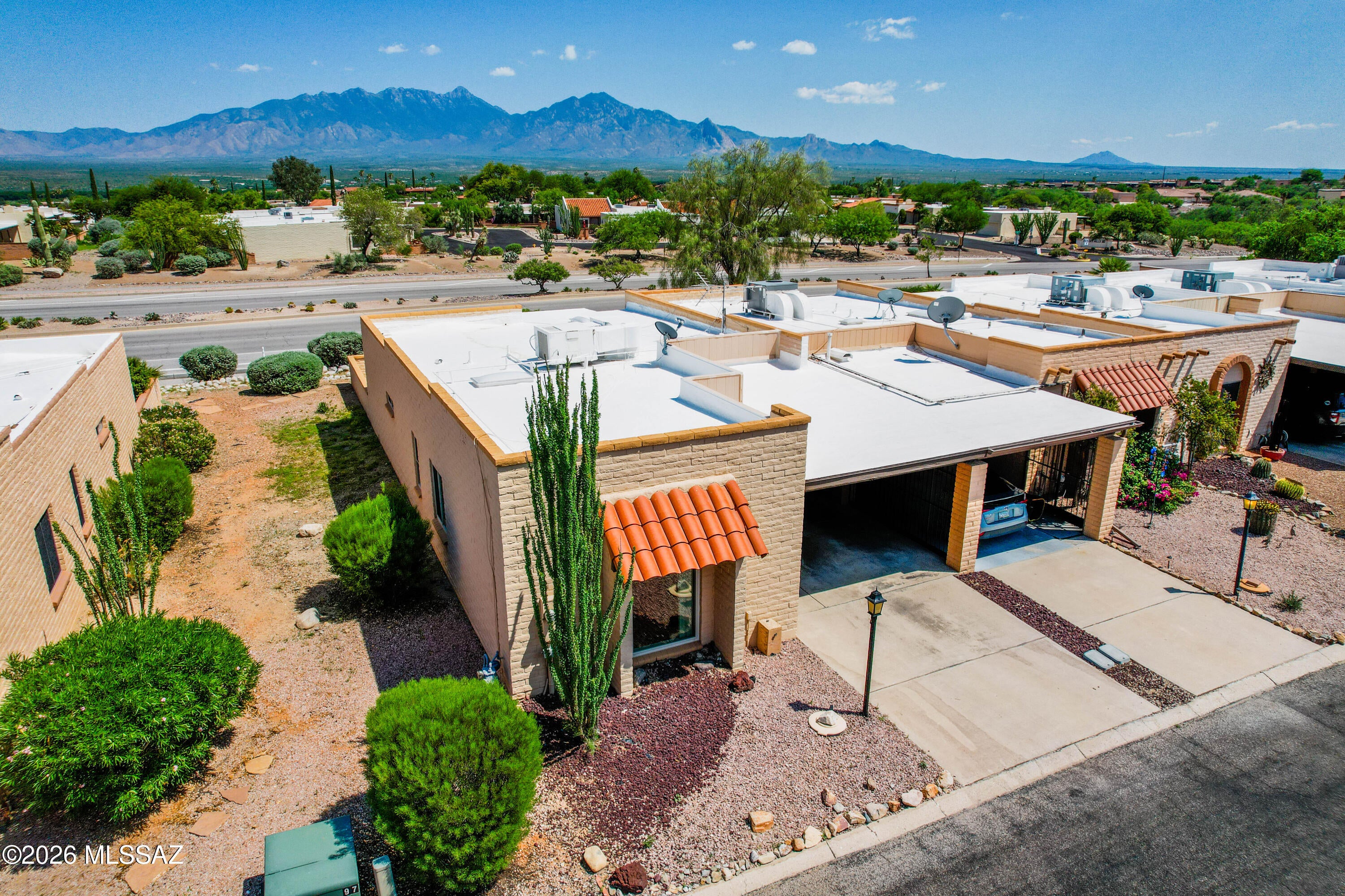 Welcome to your quintessential Arizona escape. Where mountain views meet ultimate convenience. This charing 1309 sq ft 2bd/2ba home perfectly captures the magic of Desert Retreat Living. You'll have full access to Green Valley Recreational world class centers. The closest just 2 minutes away! Shaded carport, Kitchen open to living area, Sizable rooms, and Newer windows. Brand new roof coating with 3 year warranty.  AND a brand new HVAC sytem with a 10 year warranty was installed today!
Wake up every morning to stunning, unobstructed vistas of the majestic Santa Rita Mountains. Enjoy your expansive patio for sipping morning coffee or hosting sunset gatherings against a mountain backdrop. This Gem is Perfect as an active-adult winter retreat or a full-time oasis.