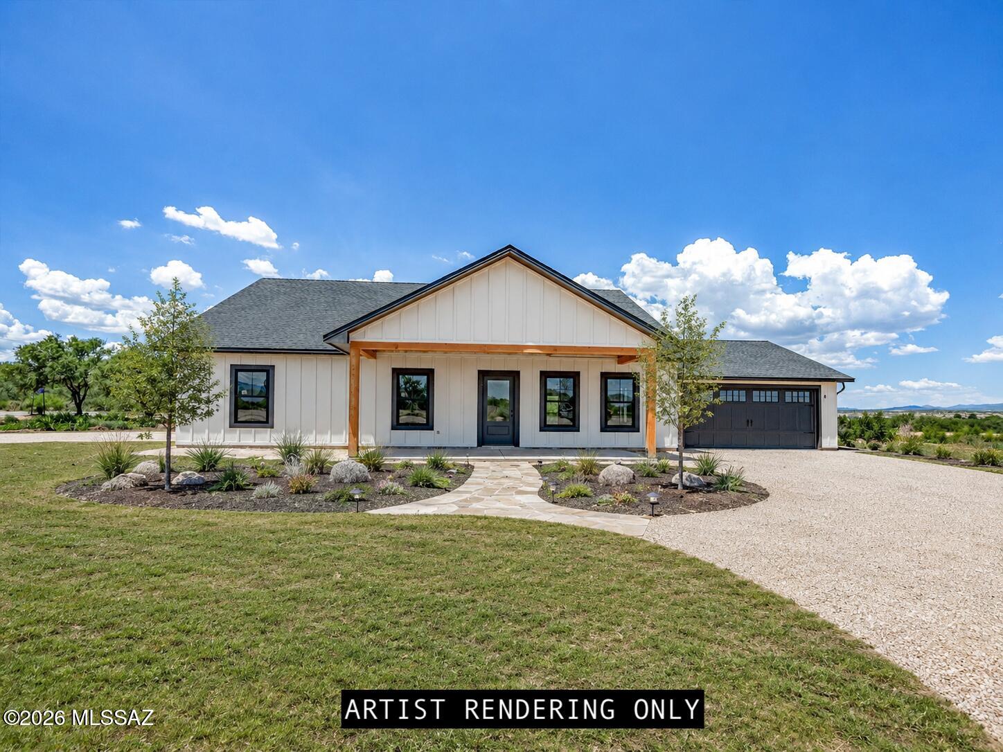 Brand-new Craftsman-style home just outside the Benson city limits, offering a peaceful rural setting without giving up convenience. This thoughtfully designed new build is packed with upgrades, including board-and-batten siding, a steep-pitch roof, upgraded black Andersen composite windows, vaulted ceilings, and Carrara Blanca quartz countertops throughout. The open-concept layout is filled with natural light, while the kitchen, primary suite, and covered patio all enjoy incredible views of the neighboring pecan orchard. Construction is nearing completion, with countertops, interior paint, appliances, and final finish work scheduled to be completed shortly. Estimated completion date is 8/31/26. Quality finishes, beautiful views, and a location close to town make this one worth watching!