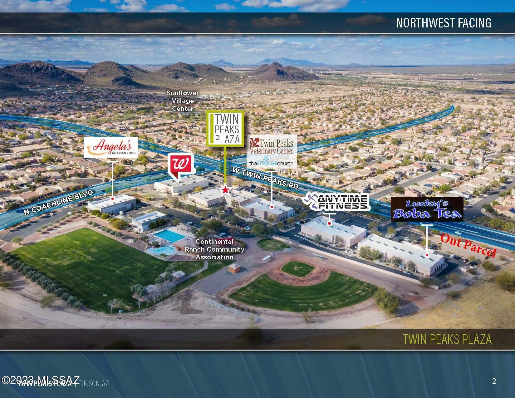 Out Parcel at Twin Peaks Plaza, Tucson, AZ. Twin Peaks Plaza sits in front of the HOA community park which includes baseball, soccer fields along with a swimming pool. Approved Plat by the Town of Marana for 3500 SF drive through out parcel, shovel ready. (4400 SF without drive through) Please note parking lot, utilities and landscaping already in place. This is the fastest area of growth in the Tucson. Ground Lease or Purchase.